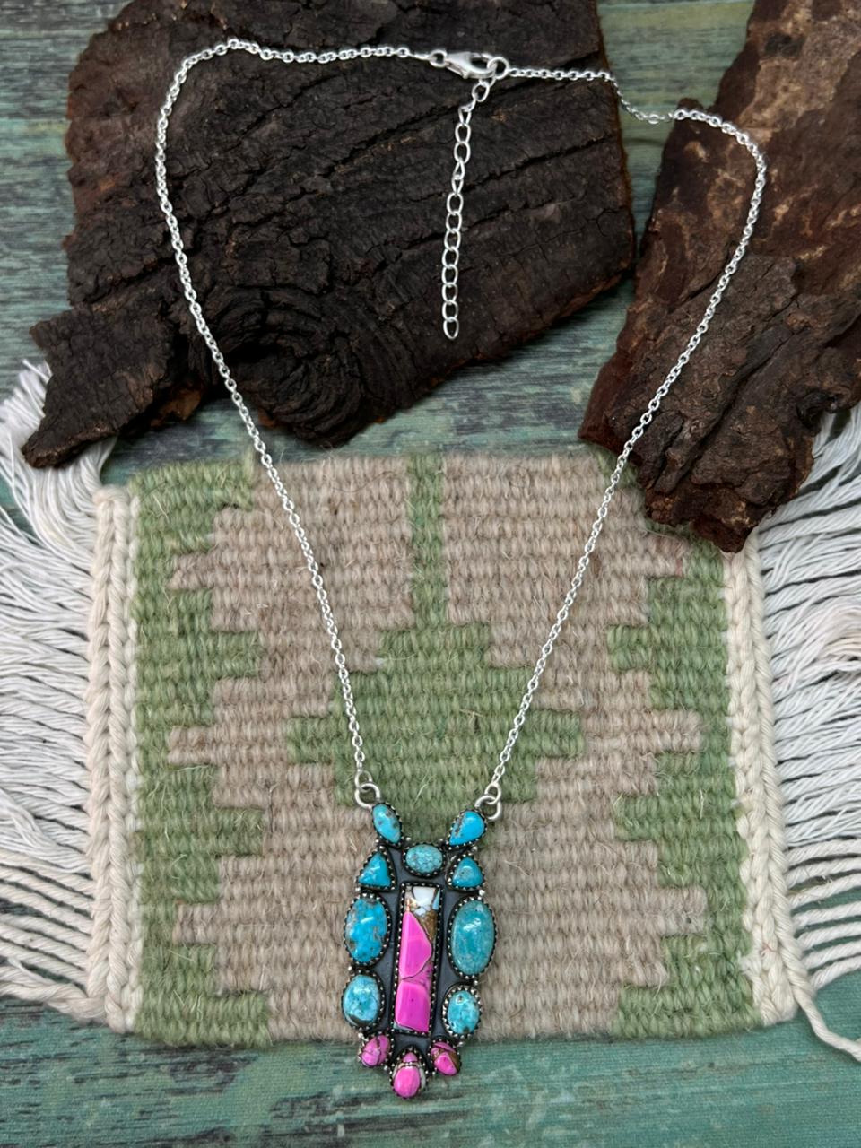 Handmade Sterling Silver Cotton Candy with White Water Necklace "Signed Nizhoni"
