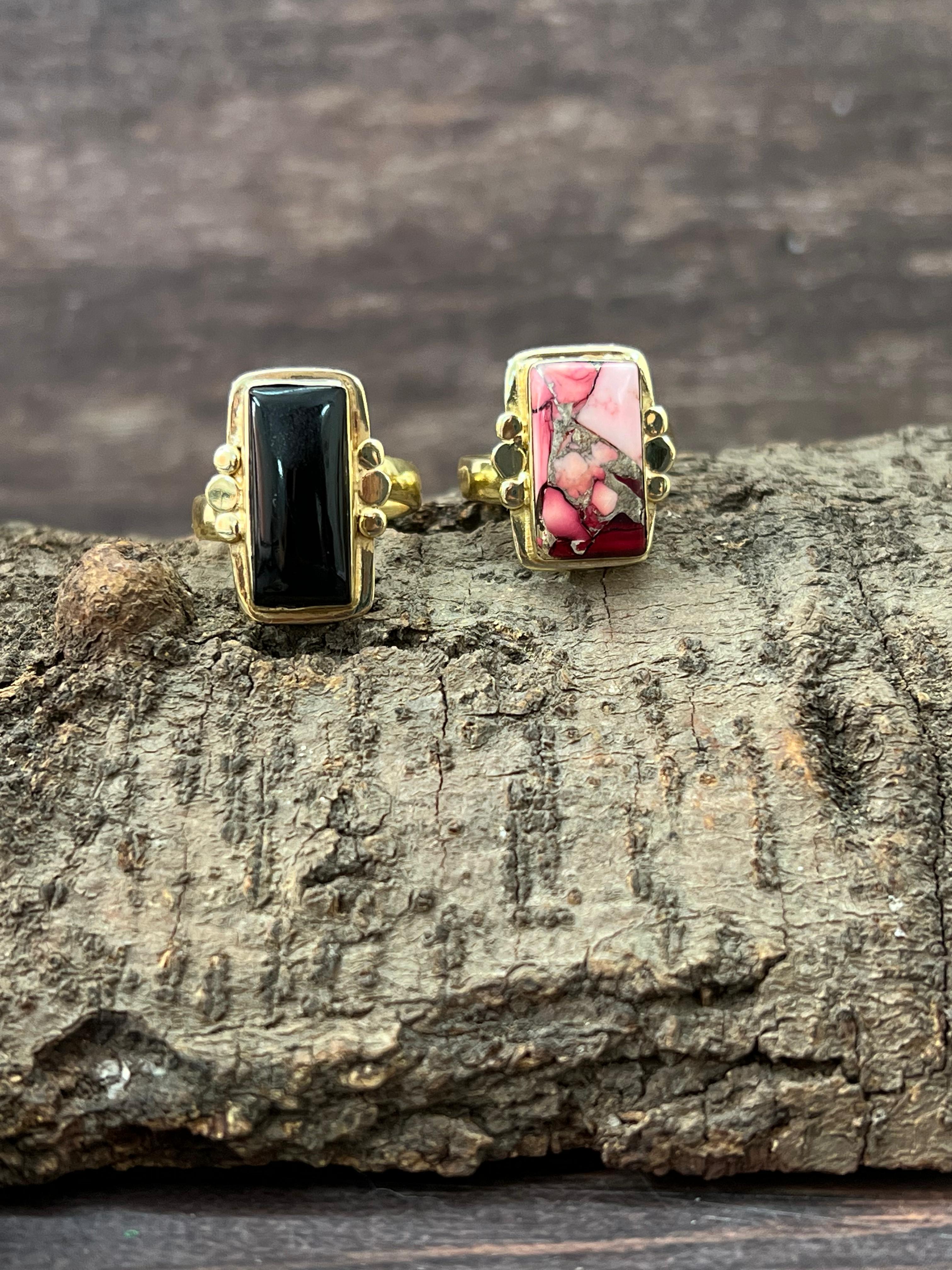 “The Golden Collection” Natural Dahlia Rose, Black Onyx Adjustable Ring