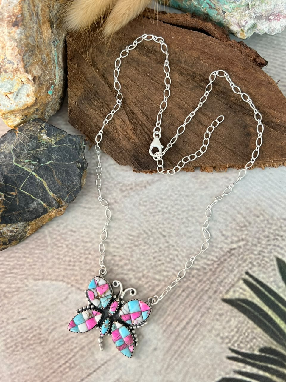 Handmade Sterling Silver Cotton Candy Cobble Stone Butterfly Necklace Signed Nizhoni