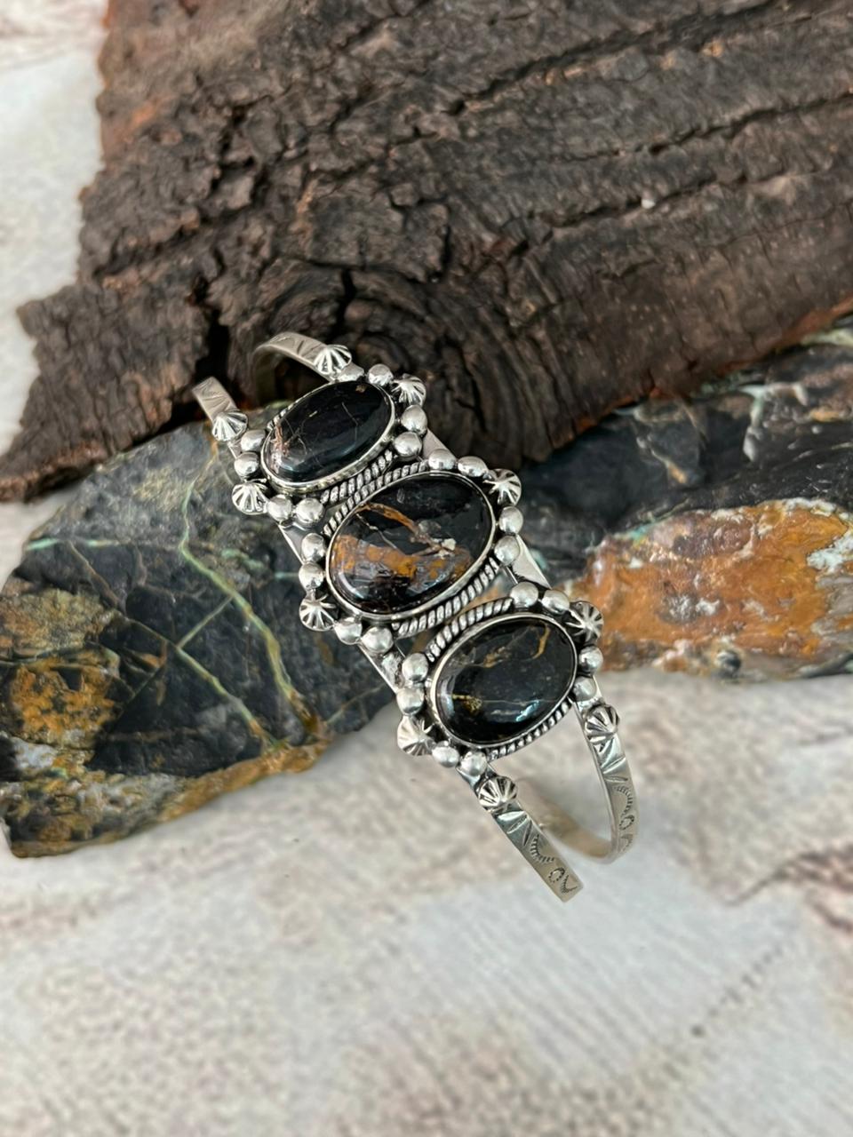 Handmade Sterling Silver Blackjack Turquoise Cuff Bracelet "Signed Nizhoni"