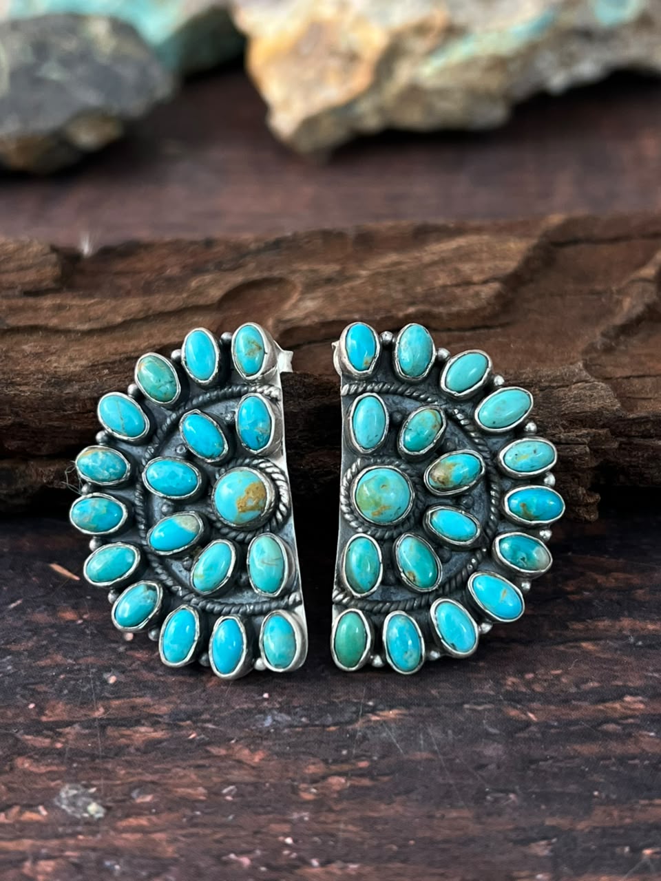 Handmade Sterling Silver Kingman Turquoise Post Studs Earrings Signed Nizhoni