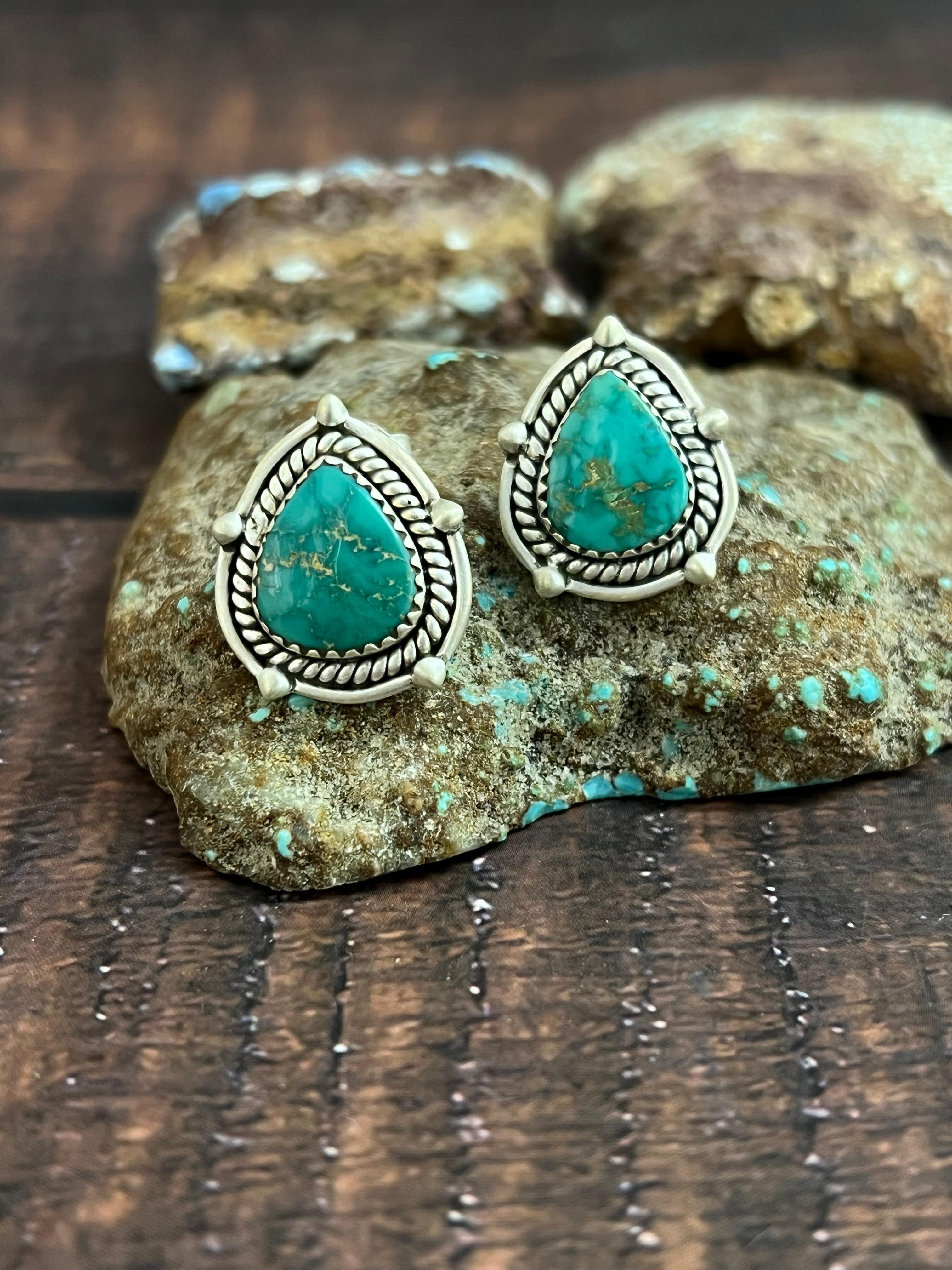 Handmade Sterling Silver Emerald Valley Post Studs with Signed Nizhoni