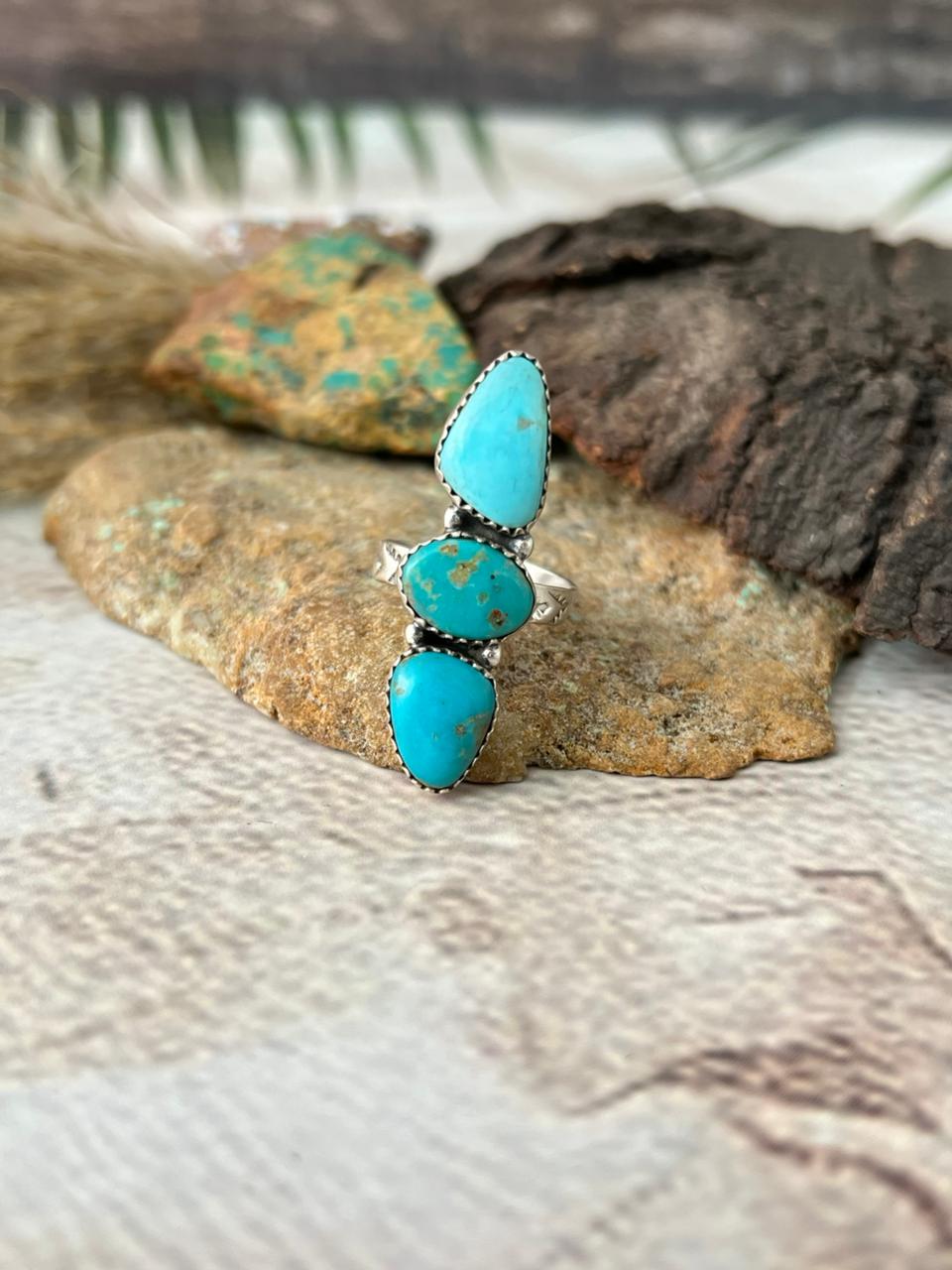 Handmade Sterling Silver Santa Maria Turquoise Adjustable Ring "Signed Nizhoni"