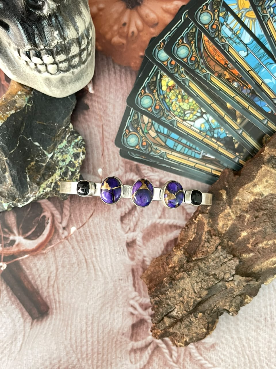 Handmade Sterling Silver Grape Dahlia with Black Onyx Halloween Collection: Cuff Bracelet Signed Nizhoni