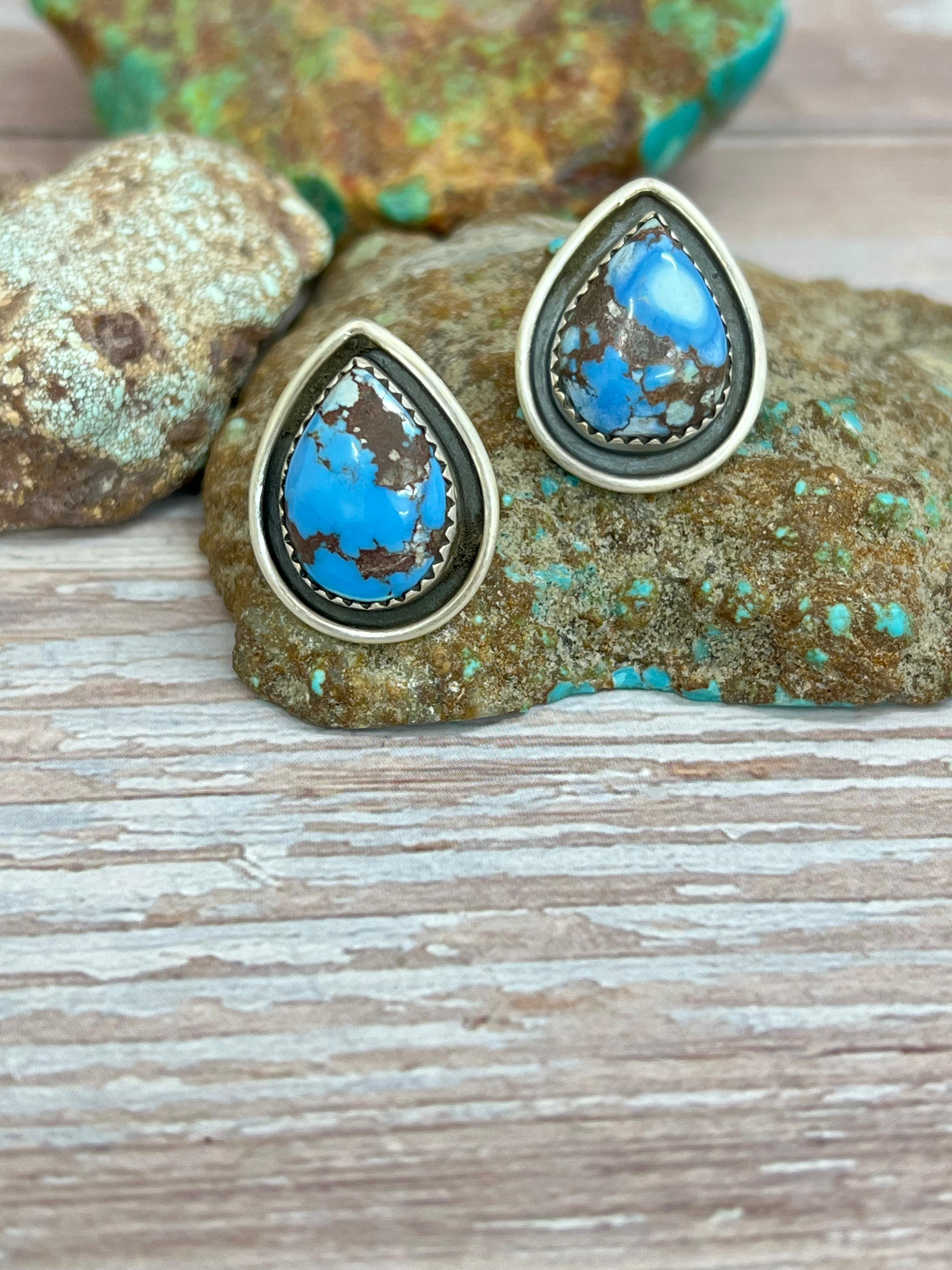 Handmade Sterling Silver Golden Hills Turquoise Post Earrings with Signed Nizhoni