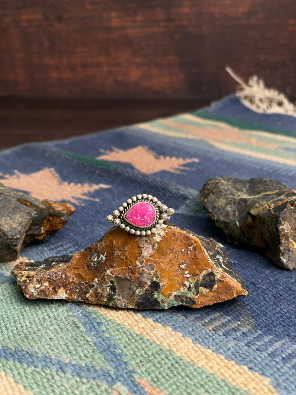 Handmade Sterling Silver Hot Pink Adjustable Ring " Signed Nizhoni"