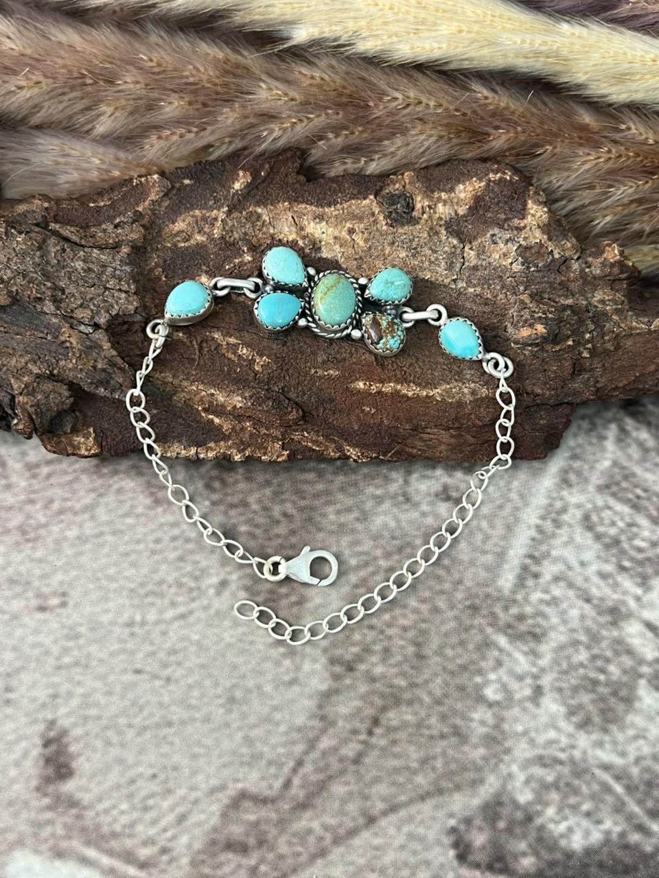 Handmade Sterling Silver Number 8 Turquoise Collection: Chain Bracelet Signed Nizhoni