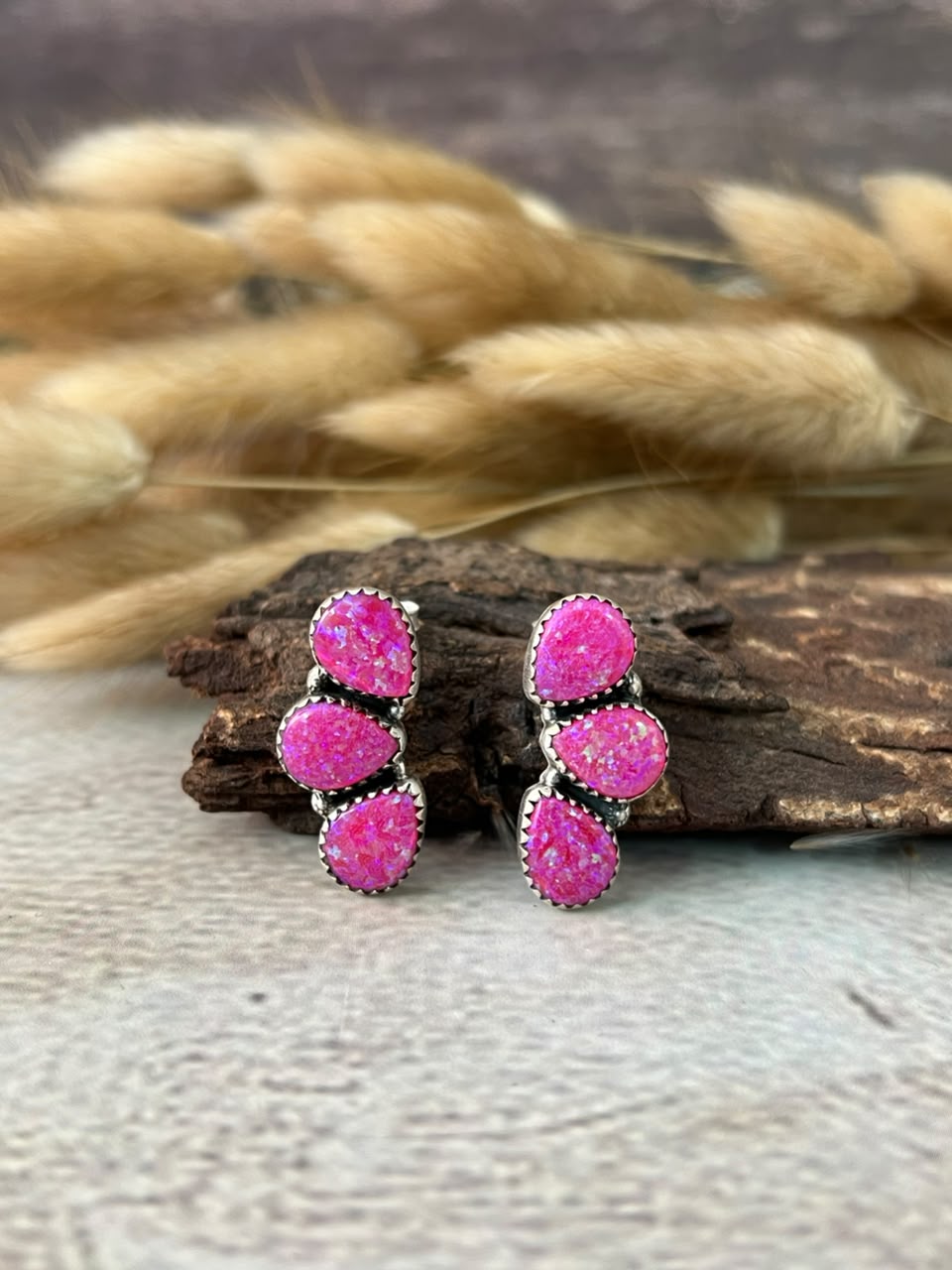 Handmade Sterling Silver Hot Pink Post Studs Earrings Signed Nizhoni