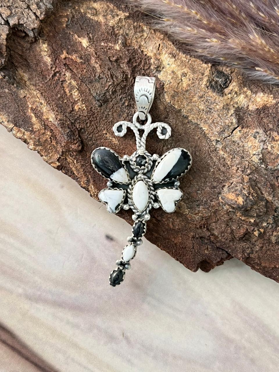 Handmade Sterling Silver White Buffalo Dragonfly Pendant Signed Nizhoni (7)