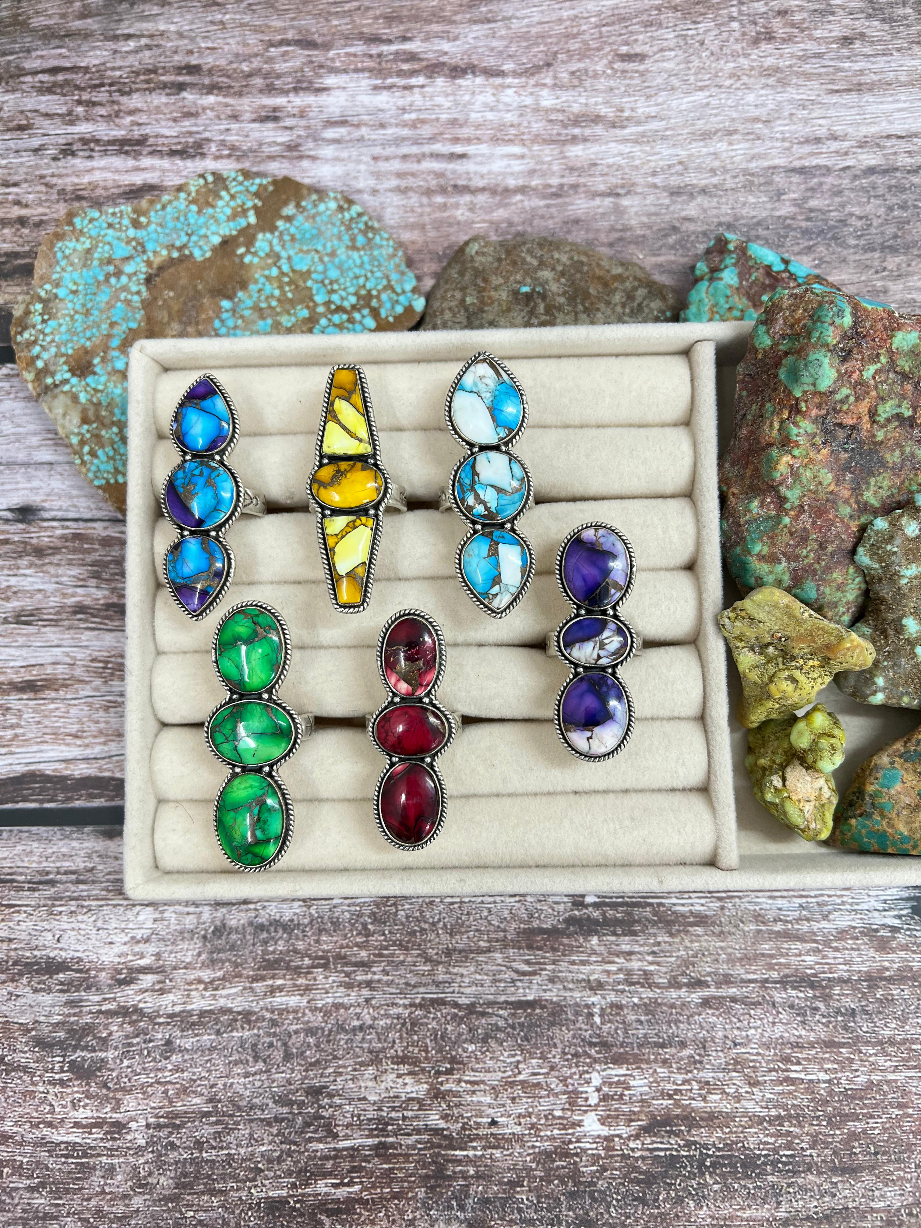 Handmade Sterling Silver Multi Stones Adjustable Ring with Signed Nizhoni