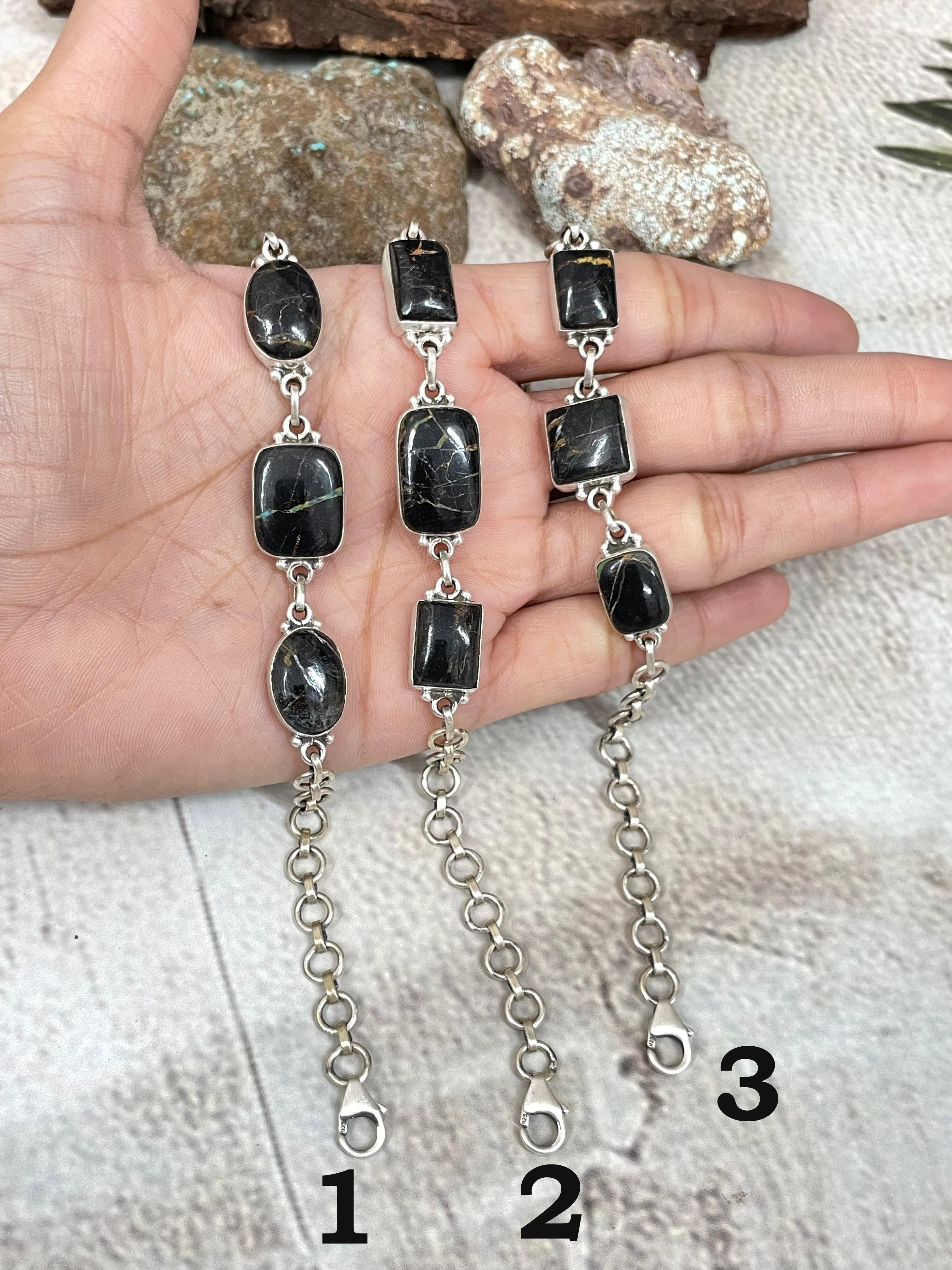 Handmade Sterling Silver Blackjack Turquoise Chain Bracelet Signed Nizhoni