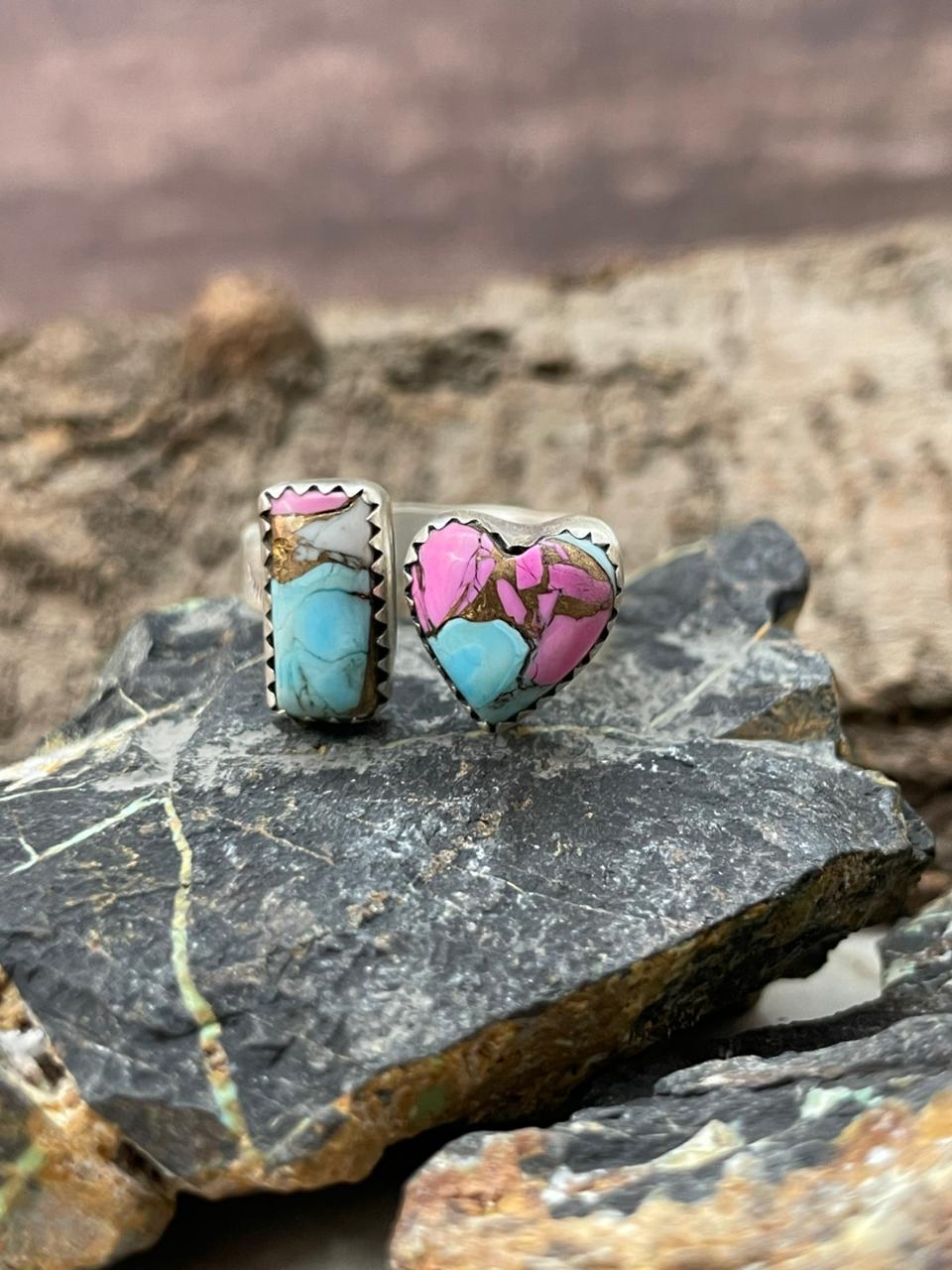 "Heart Collection" Handmade Sterling Silver Cotton Candy Adjustable Ring "Signed Nizhoni"