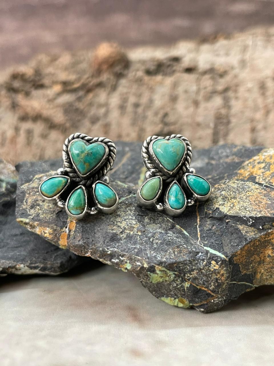 "Heart Collection" Handmade Sterling Silver Kingman Turquoise Post Studs Earrings "Signed Nizhoni"