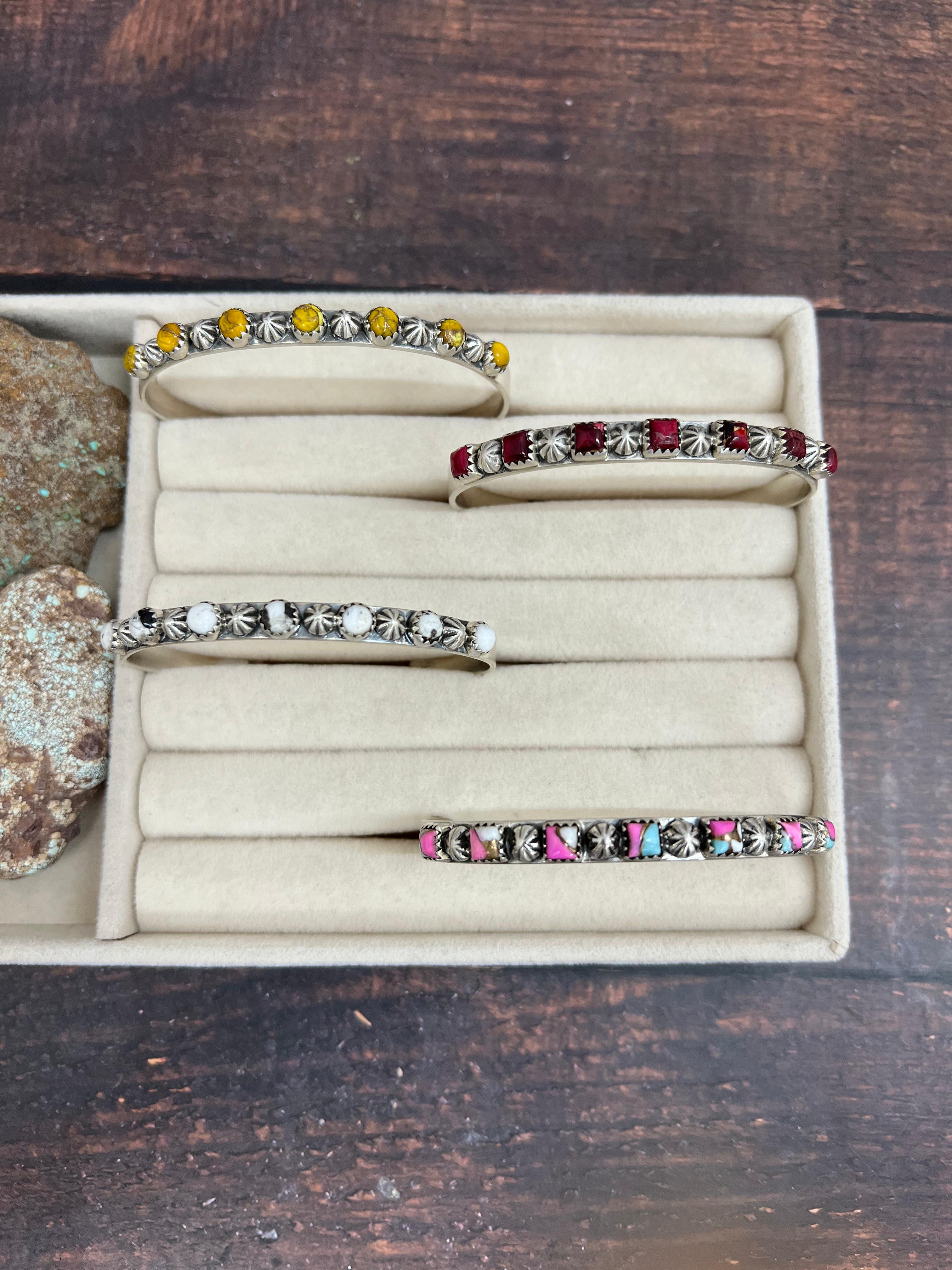 Handmade Sterling Silver Multi Gemstone Cuff Bracelet with Signed Nizhoni