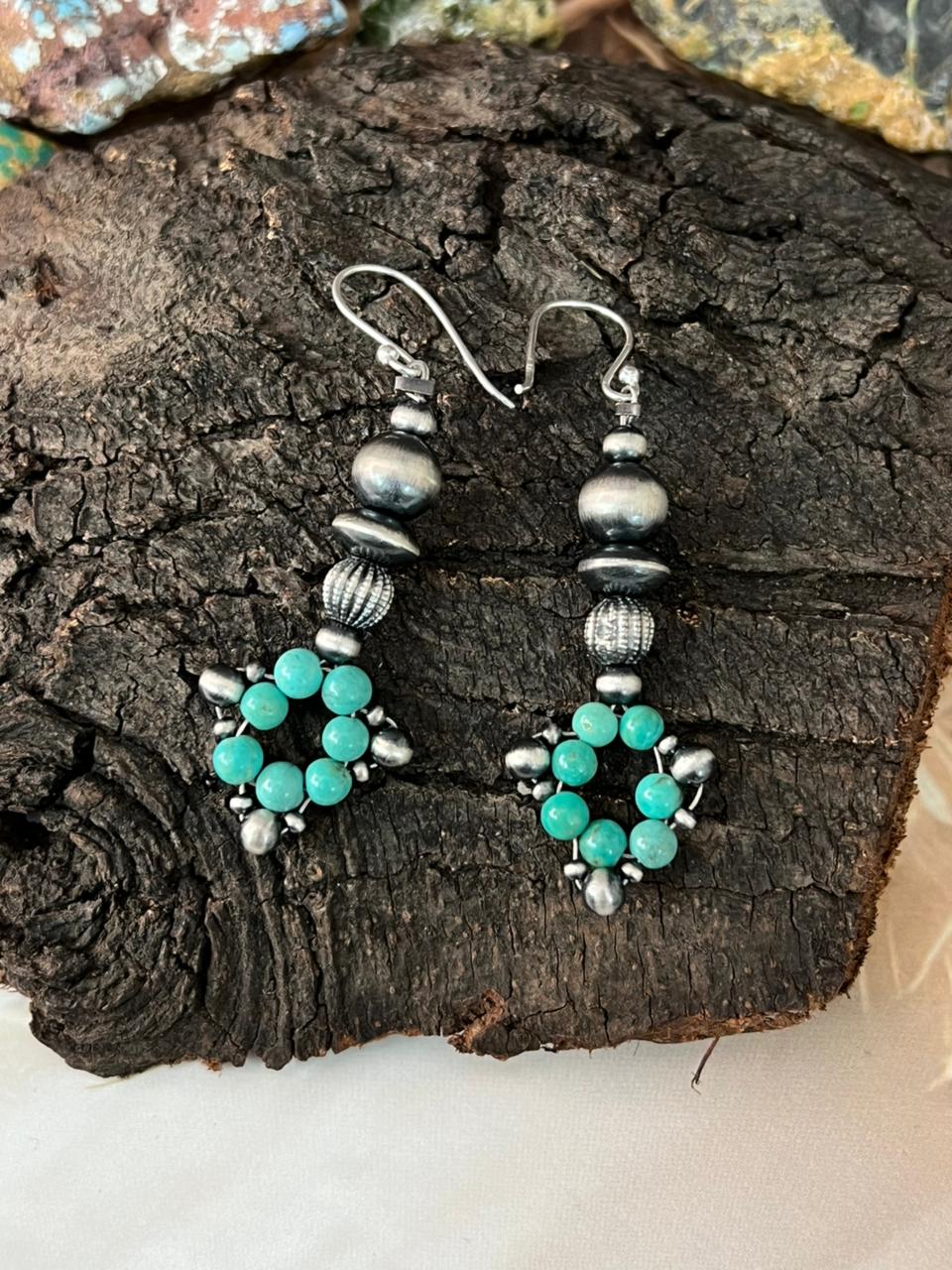Handmade Sterling Silver Kingman Turquoise Hook Dangle Beaded Earrings