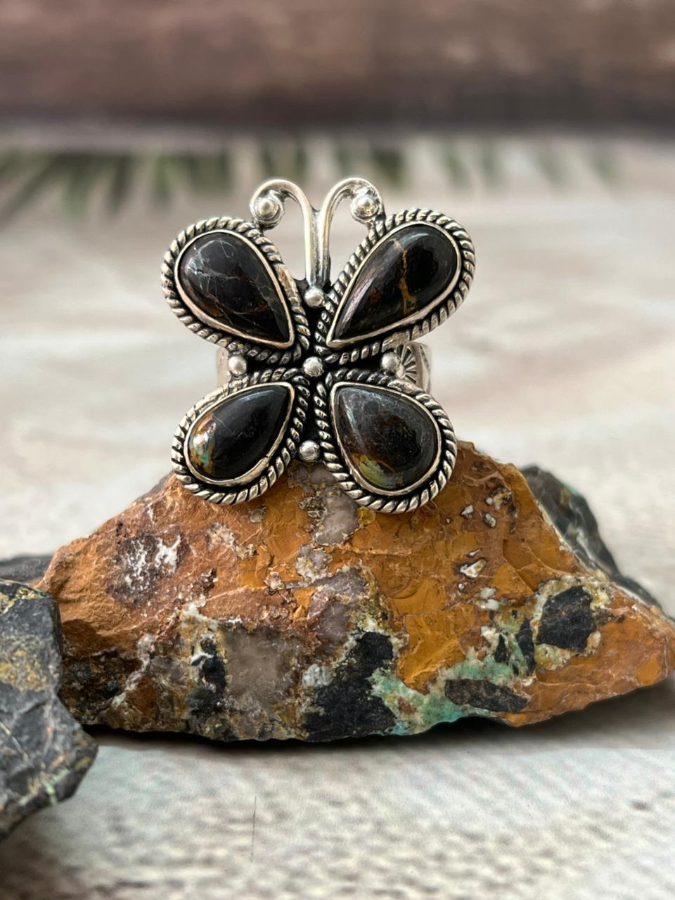 Handmade Sterling Silver Blackjack Turquoise Butterfly Adjustable Ring " Signed Nizhoni"