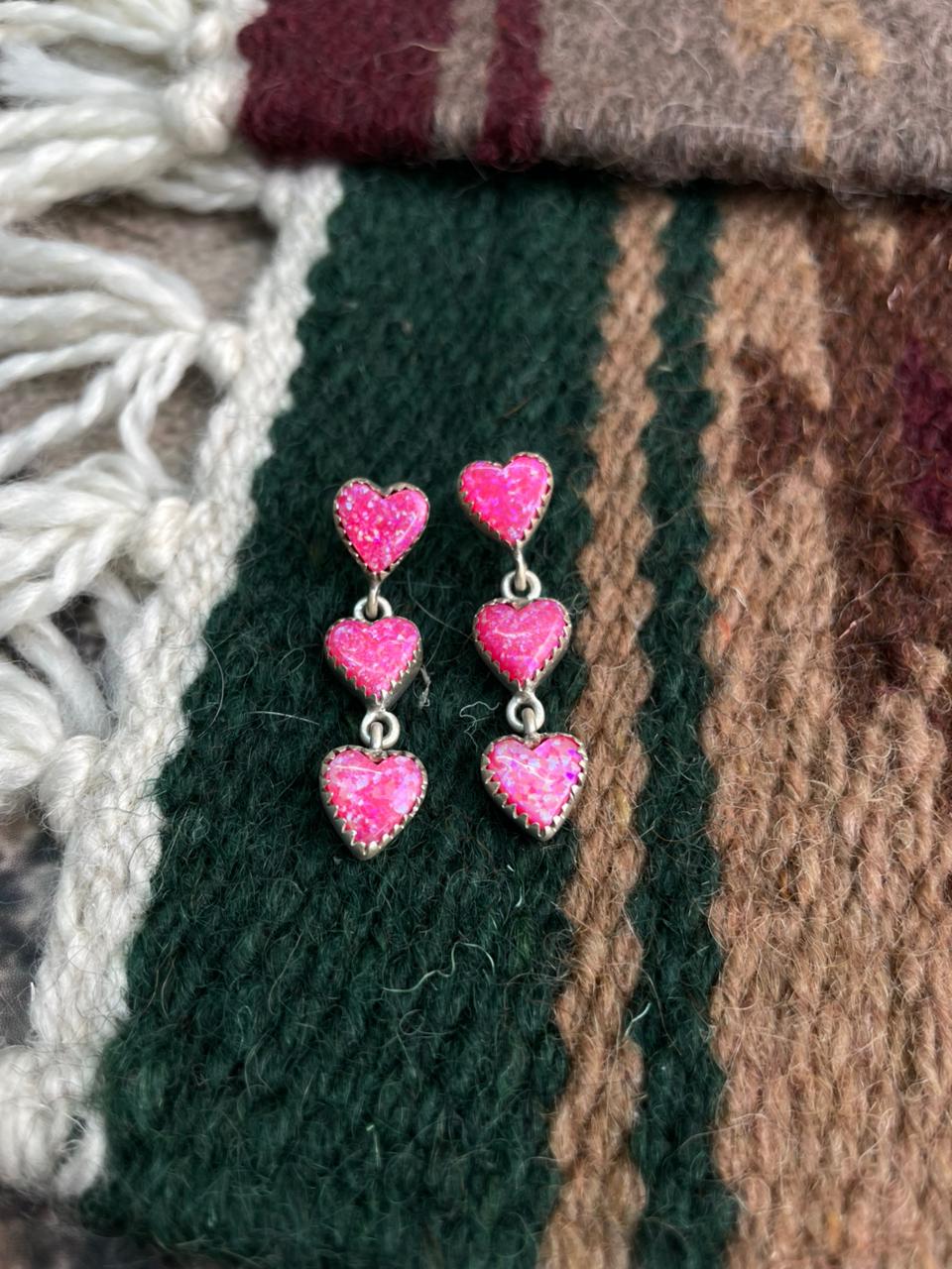 Handmade Sterling Silver Hot Pink Heart Post Dangle Earrings "Signed Nizhoni"