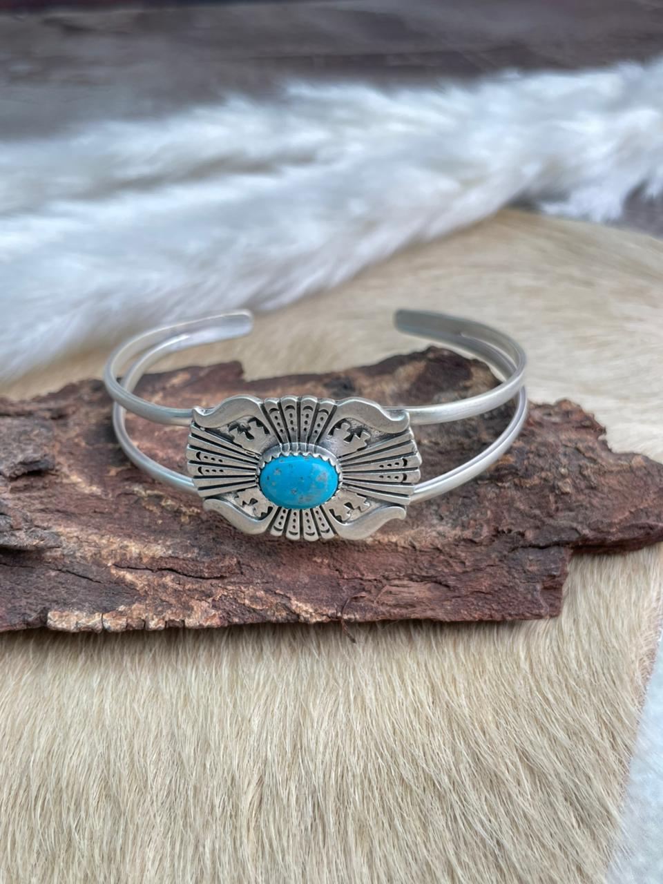 Handmade Sterling Silver Blue Turquoise Bracelet "Signed Nizhoni"