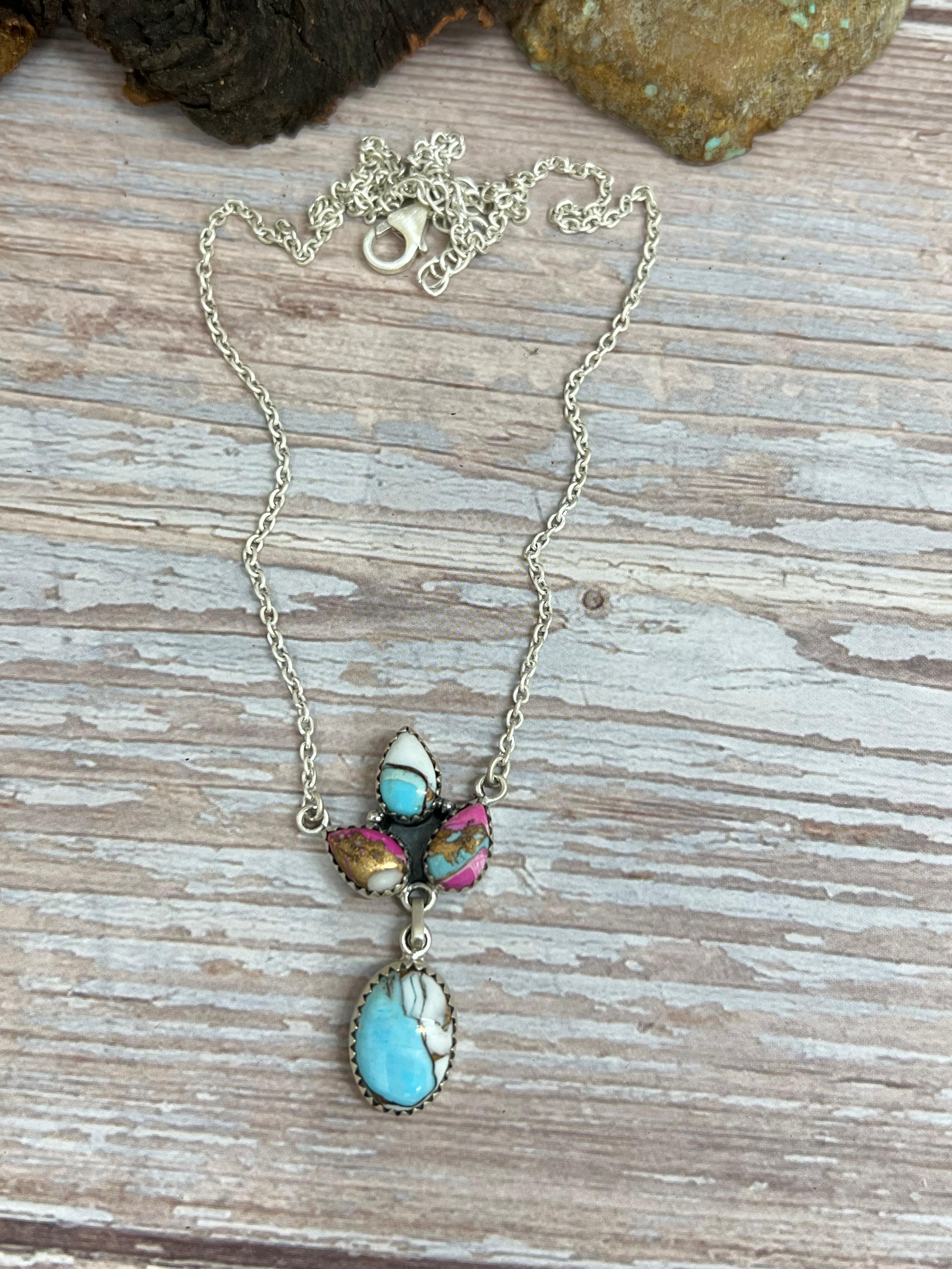 Handmade Sterling Silver Cotton Candy Turquoise Necklace with Signed Nizhoni