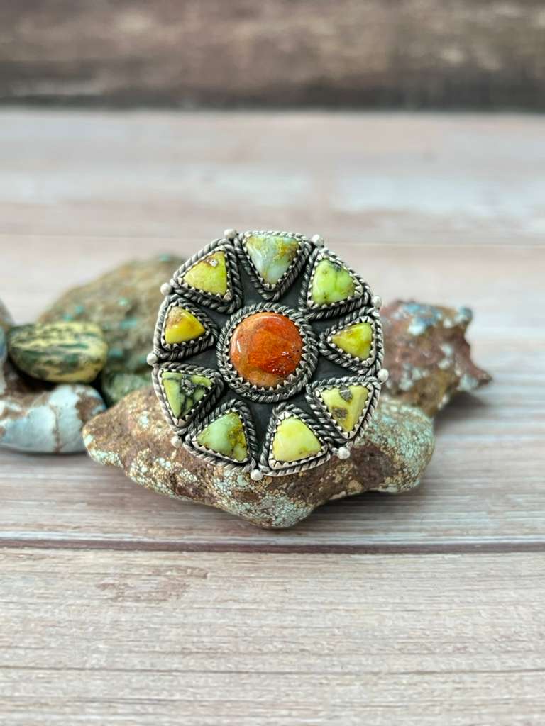 Handmade Sterling Silver Apple Coral and Palomino Adjustable Ring "Signed Nizhoni"