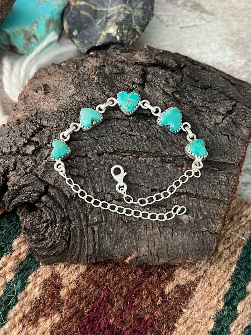 Handmade Sterling Silver Pilot Mountain Turquoise Chain Heart Bracelet Signed Nizhoni