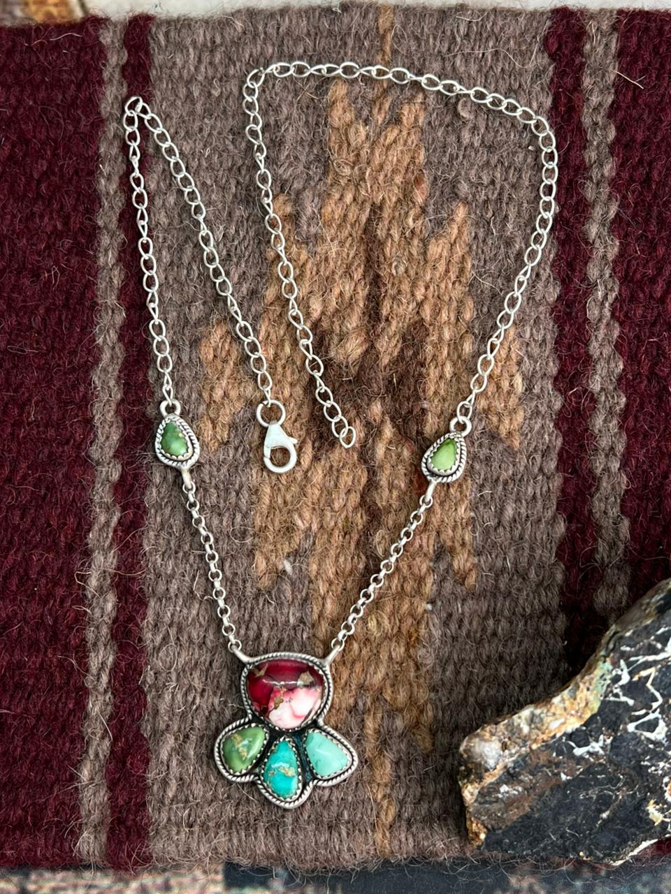 Handmade Sterling Silver Dahlia Rose with Emerald Valley Turquoise Necklace "Signed Nizhoni"