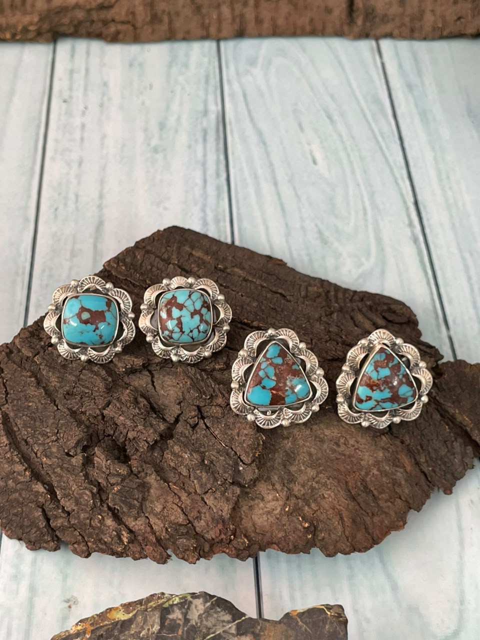 Handmade Sterling Silver Egyptian Turquoise Collection: Post Studs Earrings Signed Nizhoni