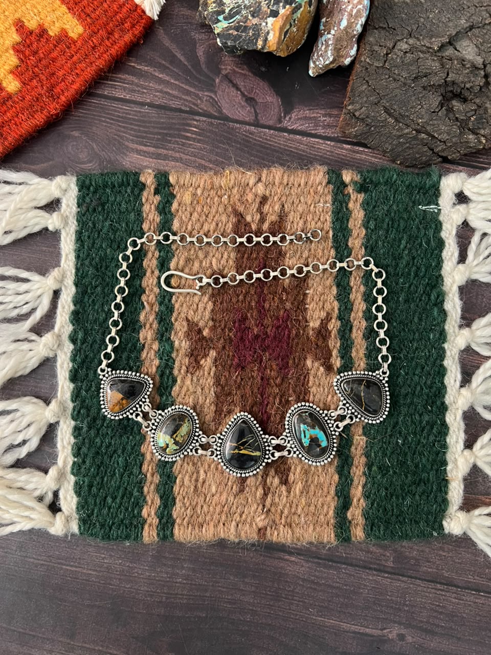 Handmade Sterling Silver Blackjack Turquoise Collection: Choker Necklace Signed Nizhoni
