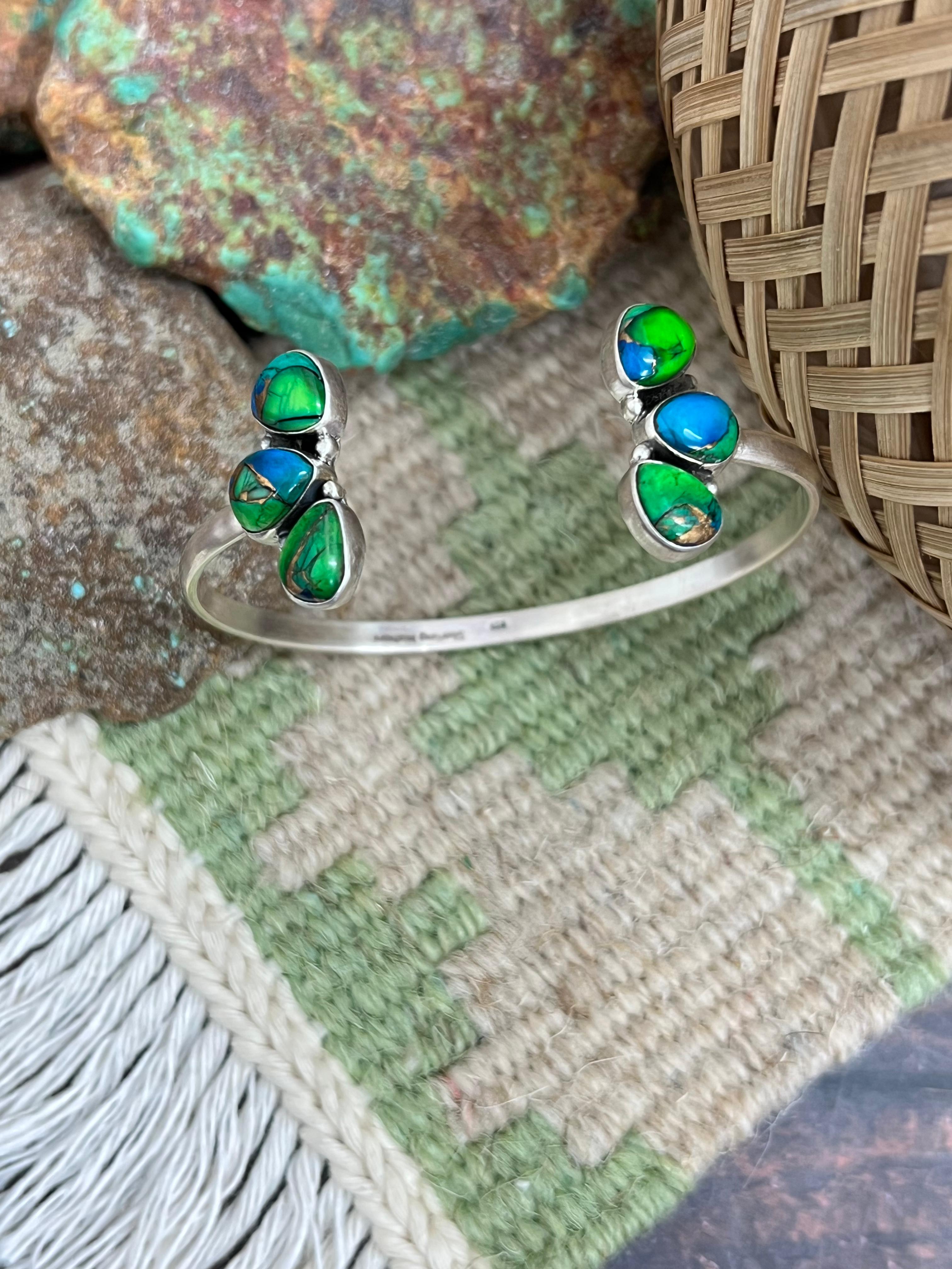 Handmade Sterling Silver Peacock Dahlia Cuff Bracelet with Signed Nizhoni