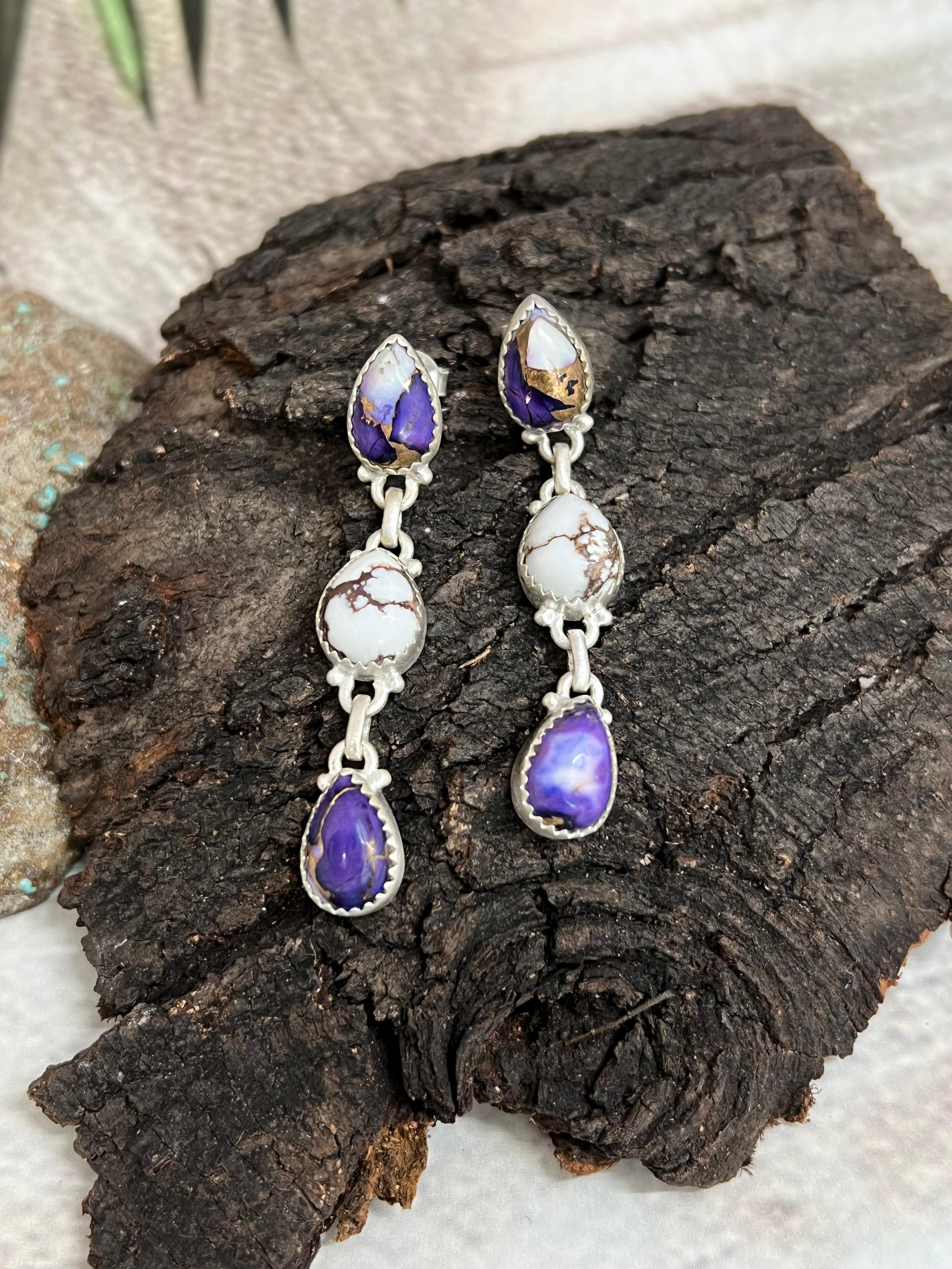 Handmade Sterling Silver Wild Horse with Purple Dahlia Post Dangle Earrings, Signed Nizhoni (7)