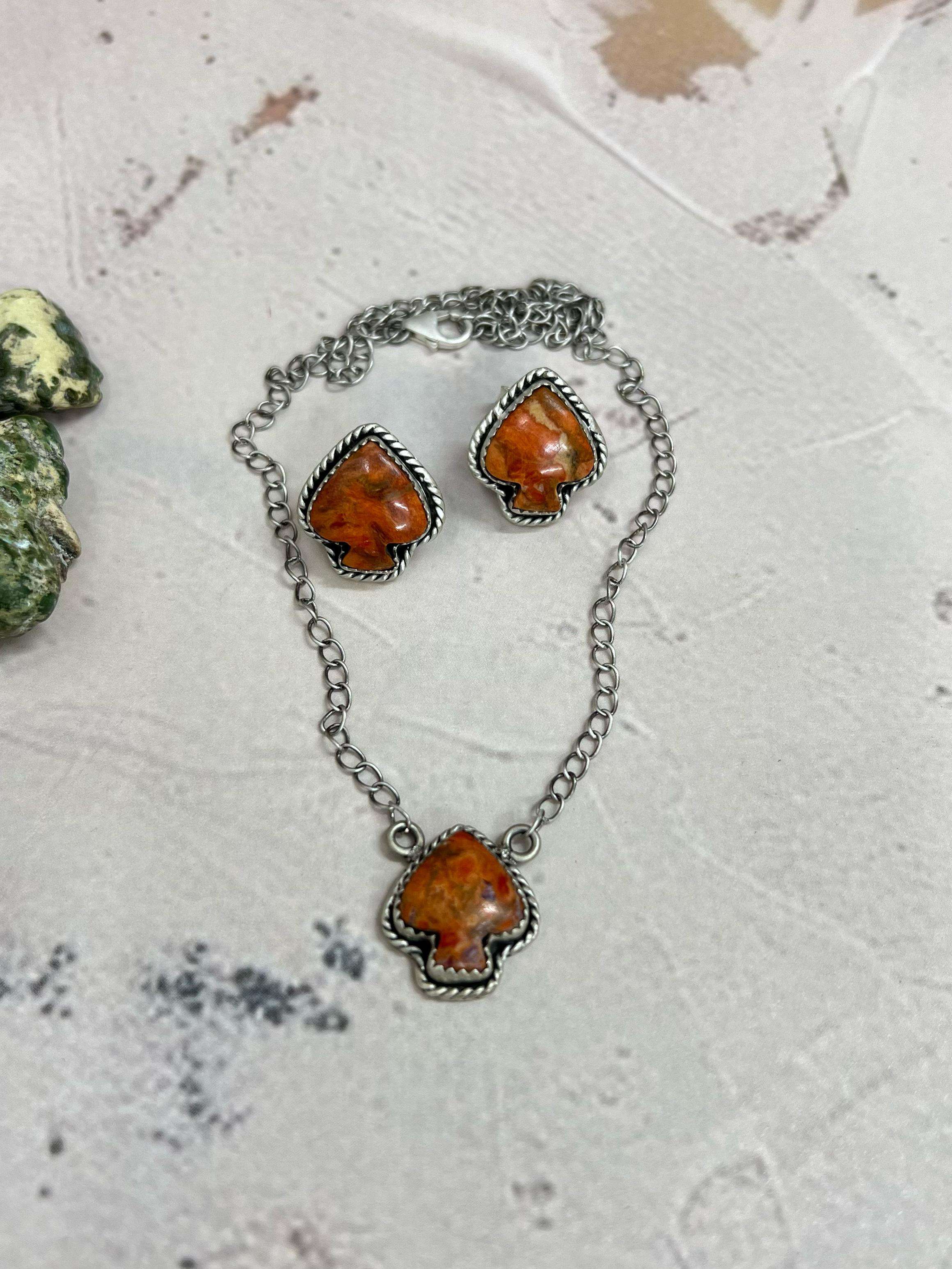 Handmade Sterling Silver Orange Mojave Necklace Earrings Spade Set with Signed Nizhoni