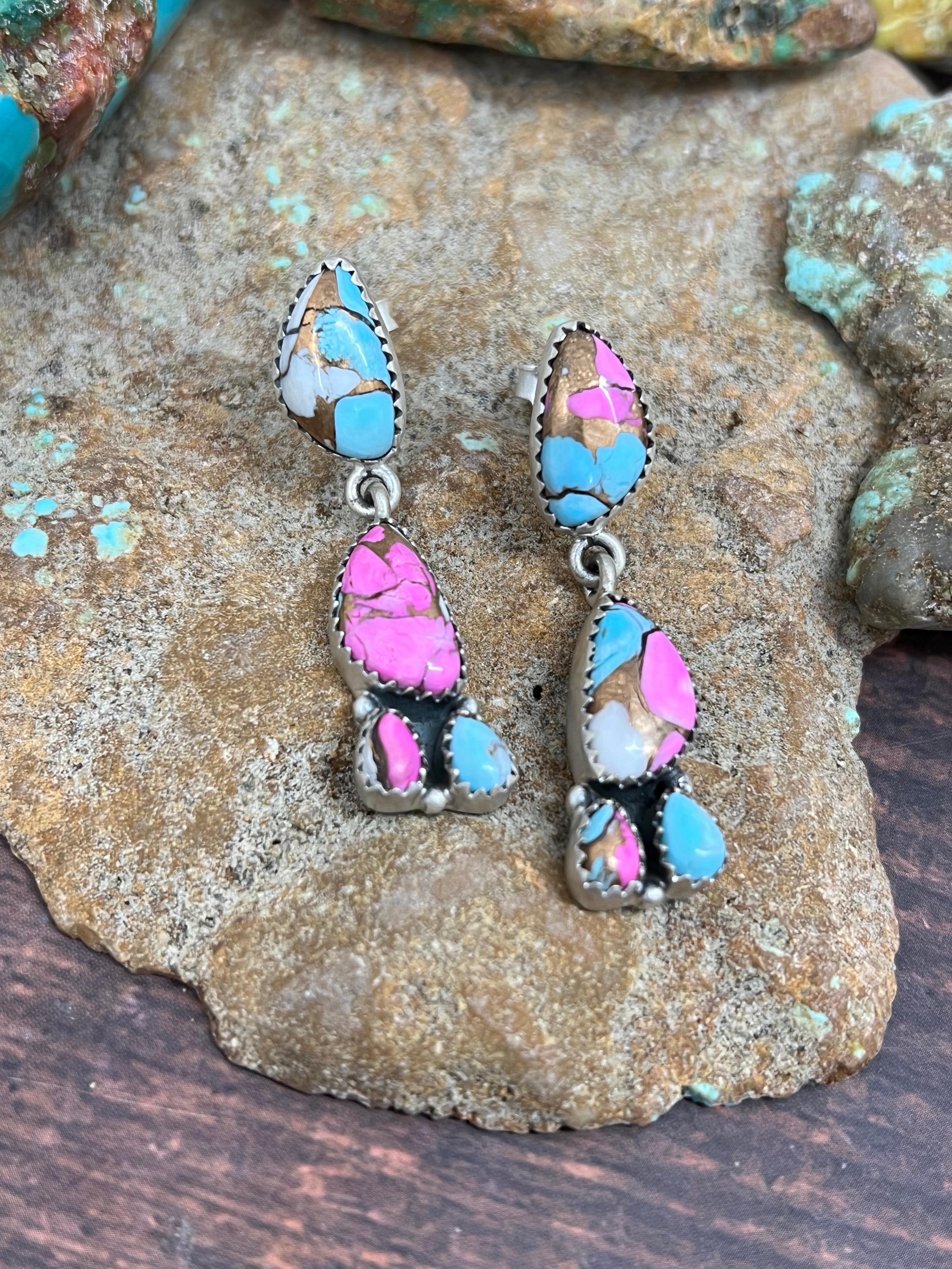 Handmade Sterling Silver Cotton Candy Turquoise Post Earrings with Signed Nizhoni