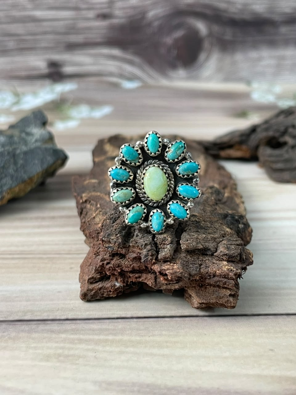 Handmade Sterling Silver Paloma with Kingman Turquoise Adjustable Ring Signed Nizhoni