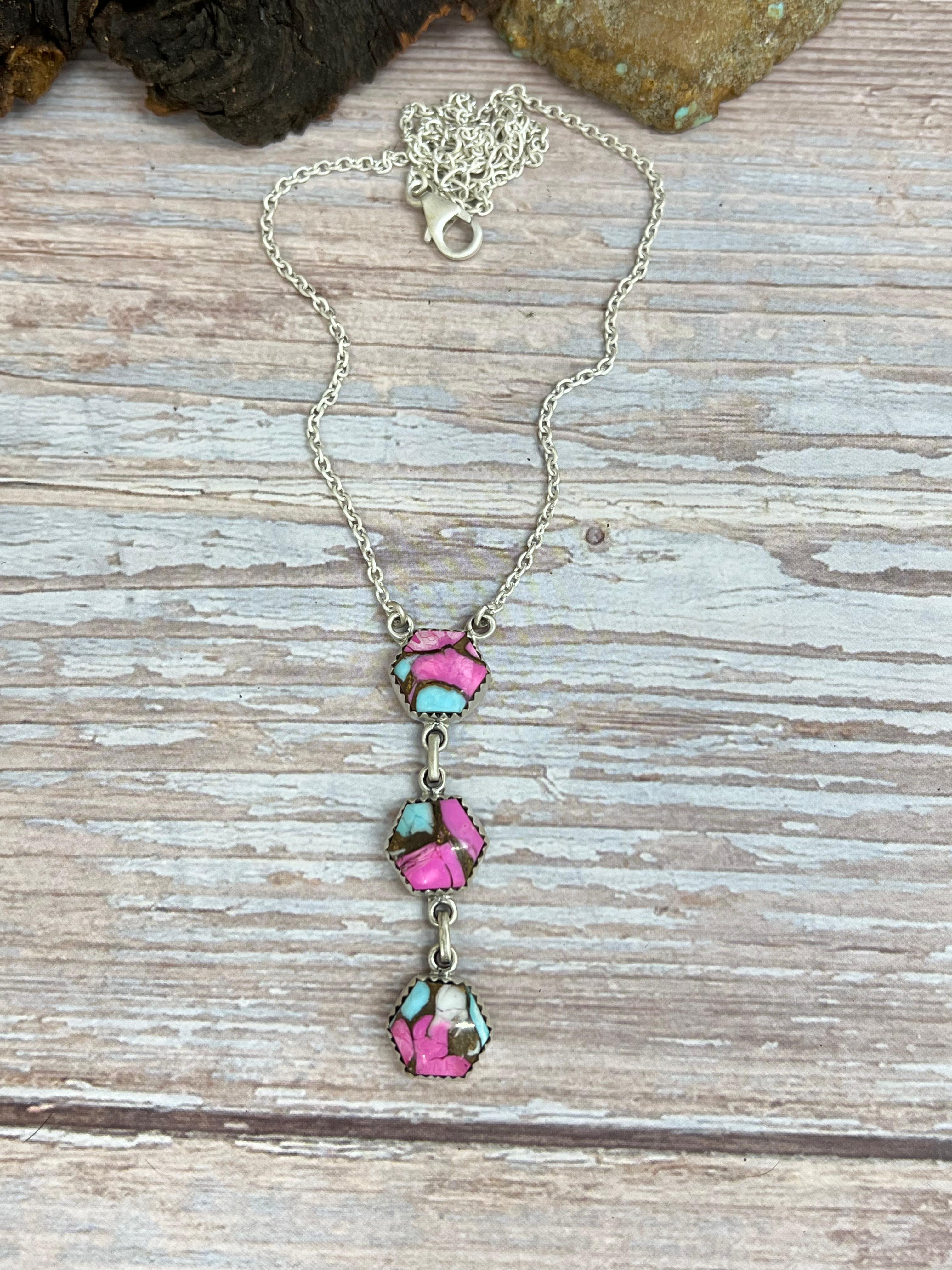 Handmade Sterling Silver Cotton Candy Turquoise Necklace with Signed Nizhoni