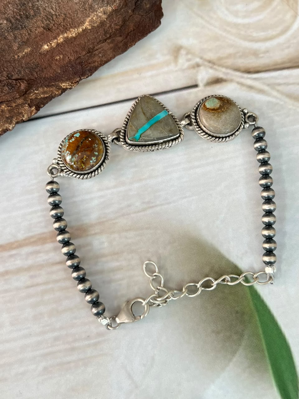 Handmade Sterling Silver Royston Ribbon Turquoise Beaded Chain Bracelet Signed Nizhoni