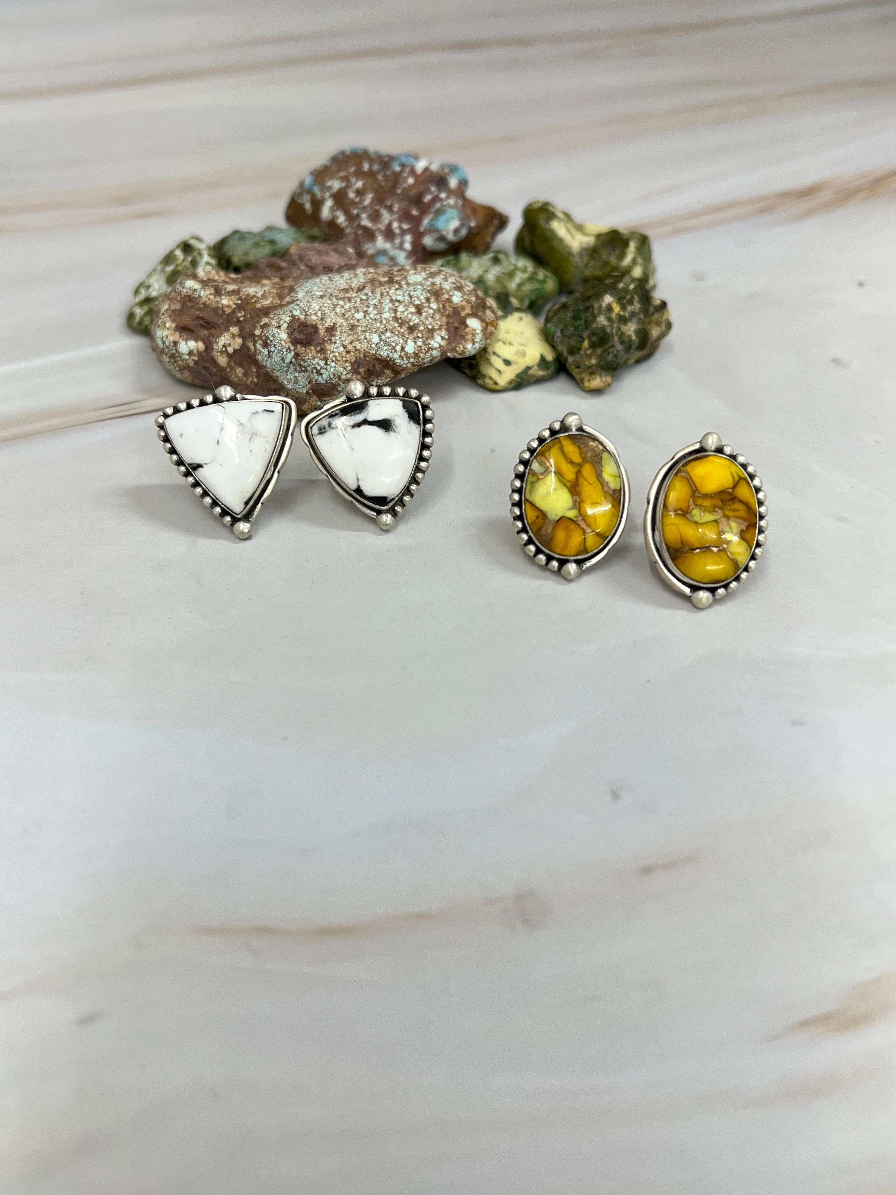 Handmade Sterling Silver Honey Dahlia, White Buffalo Turquoise Earrings with Signed Nizhoni