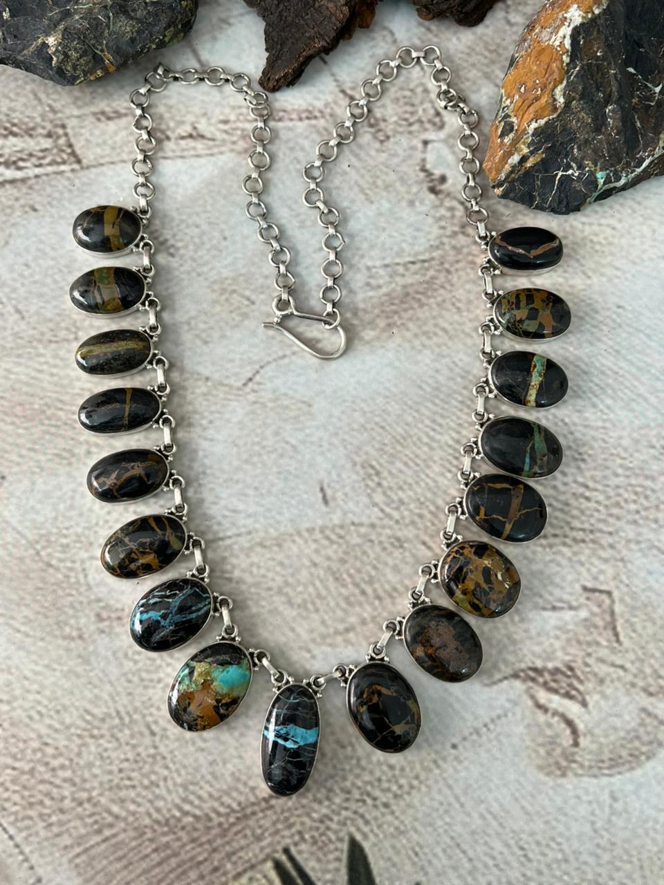 Handmade Sterling Silver Blackjack Turquoise Necklace "Signed Nizhoni"