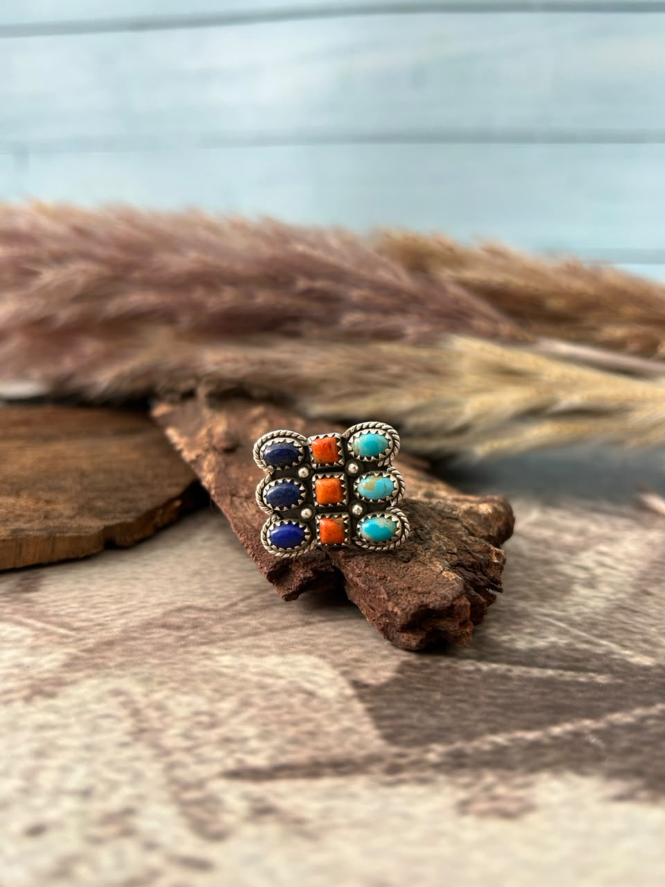 Handmade Sterling Silver Kingman Turquoise with Orange Mojave and Lapis Adjustable Ring Signed Nizhoni