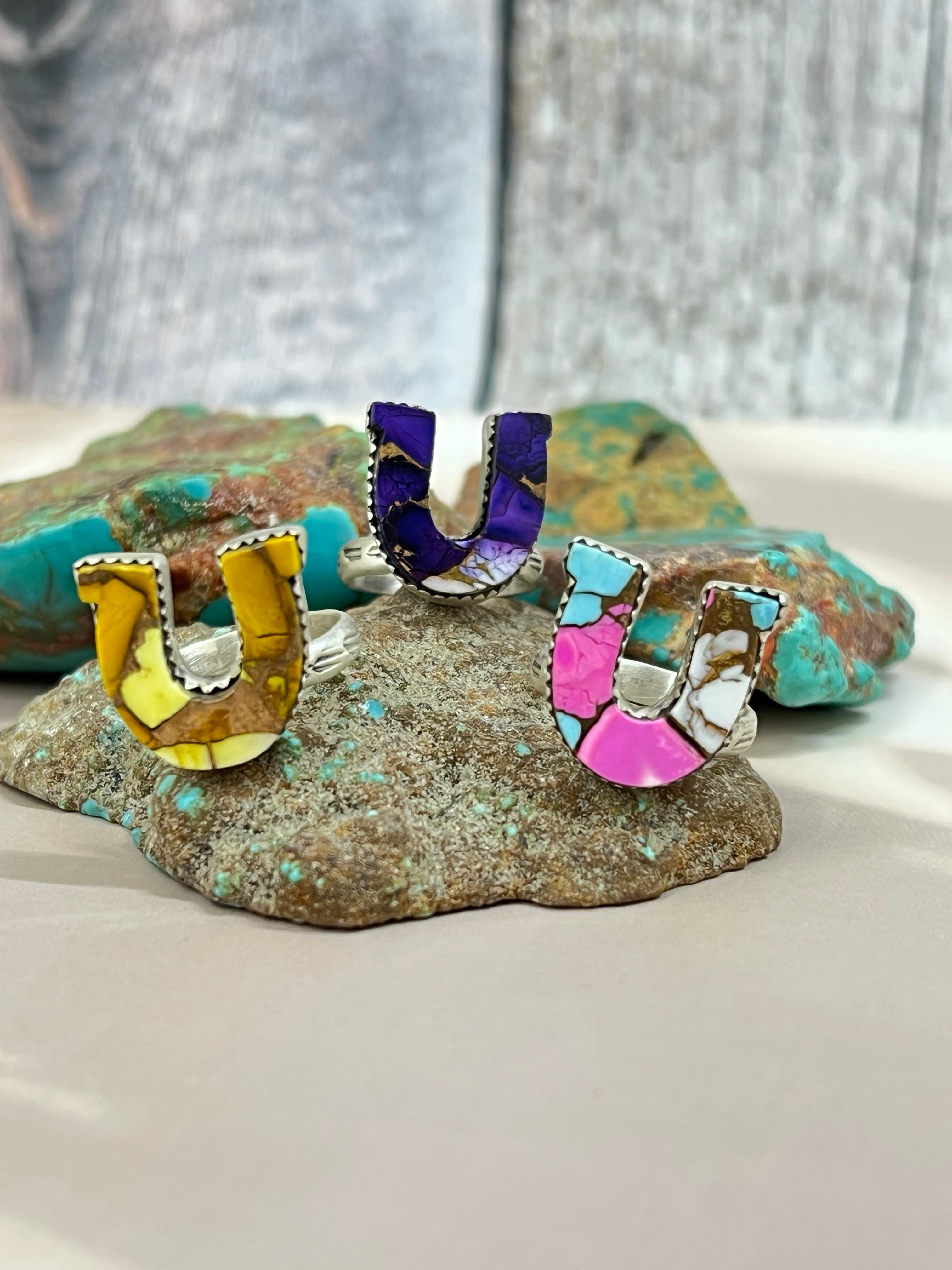 Handmade Horseshoe Sterling Silver Multistone Turquoise Adjustable Ring Signed Nizhoni