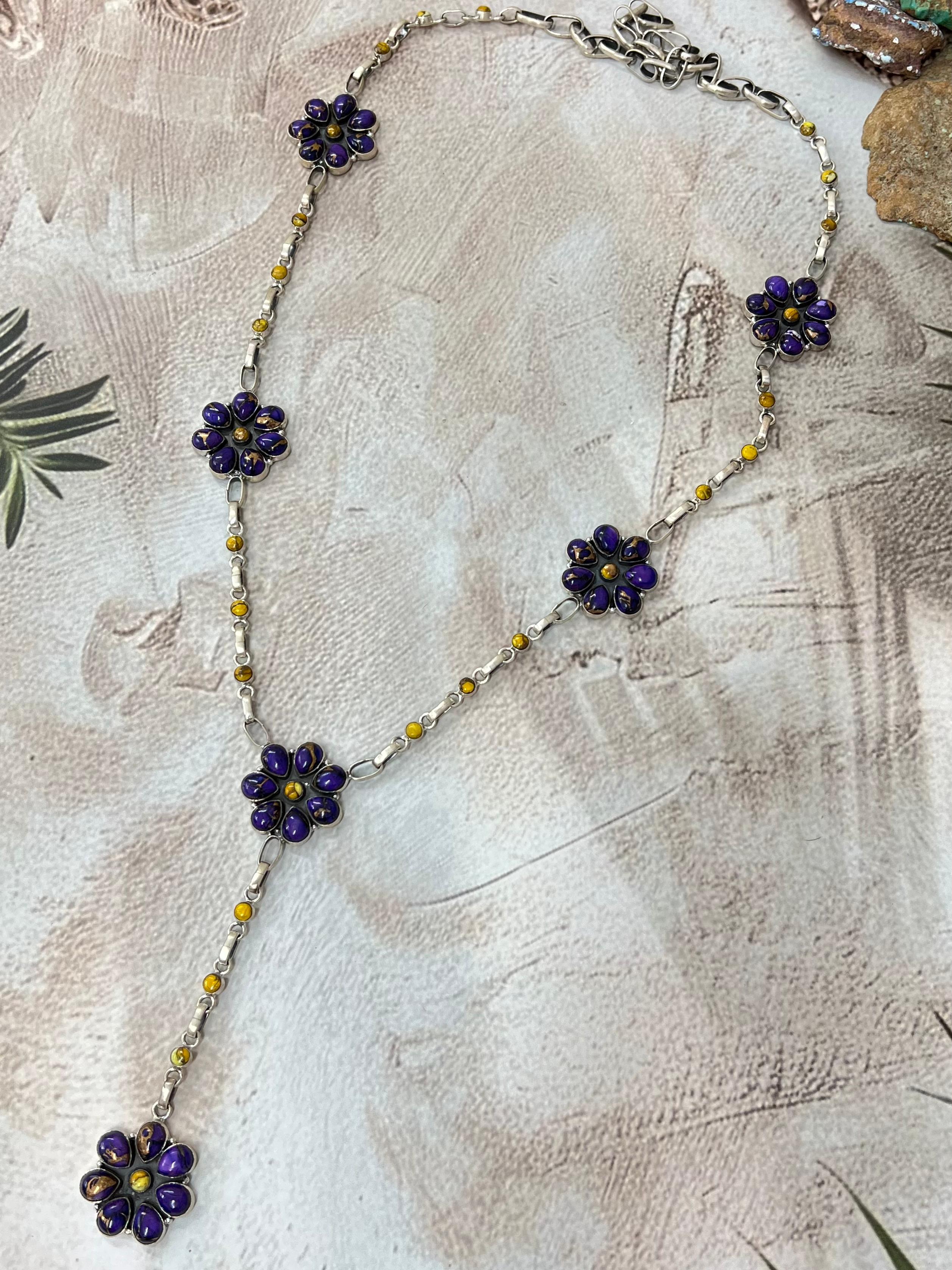 Handmade Sterling Silver Grape Dahlia, Honey Dahlia Necklace with Signed Nizhoni