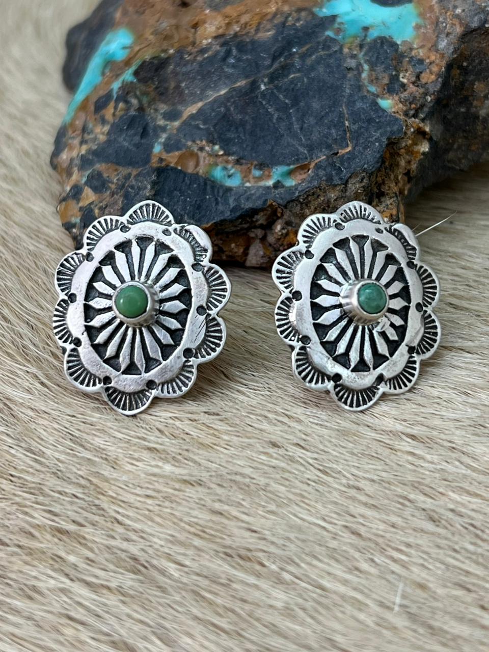 Handmade Sterling Silver Kingman Turquoise Post Studs Earrings "Signed Nizhoni"