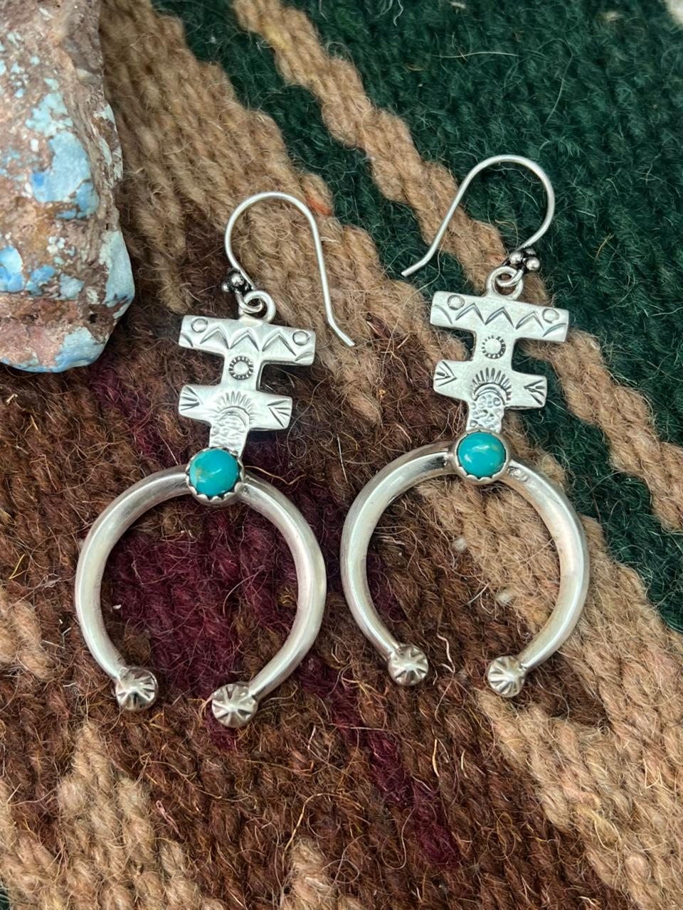 Handmade Sterling Silver Kingman Turquoise Hook Dangle Earrings "Signed Nizhoni"