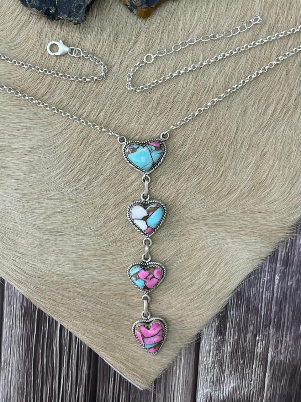Handmade Sterling Silver Cotton Candy Heart Drop Necklace "Signed Nizhoni"
