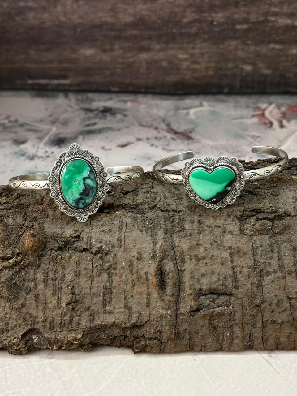 Handmade Sterling Silver Emerald Rose Cuff Bracelet "Signed Nizhoni"