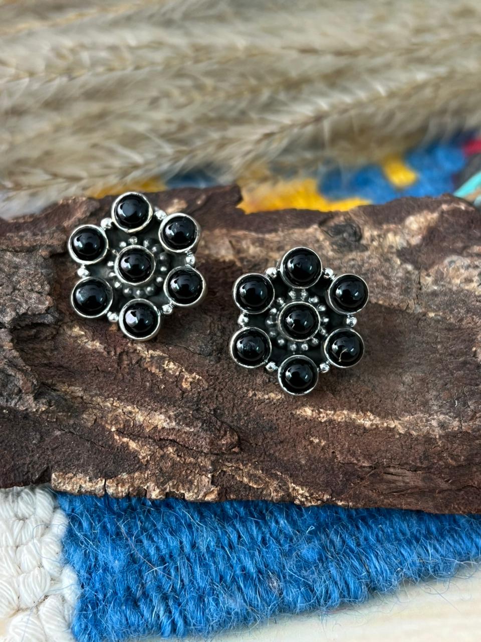 Handmade Sterling Silver Black Onyx Post Studs Earrings "Signed Nizhoni"