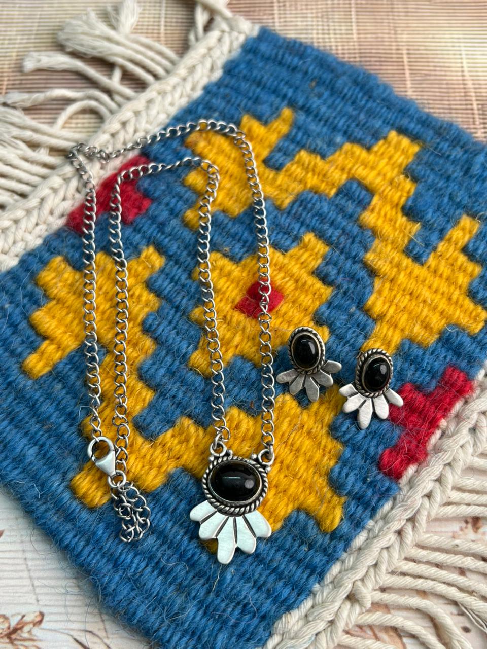 Handmade Sterling Silver Black Onyx Necklace Earrings Set "Signed Nizhoni"