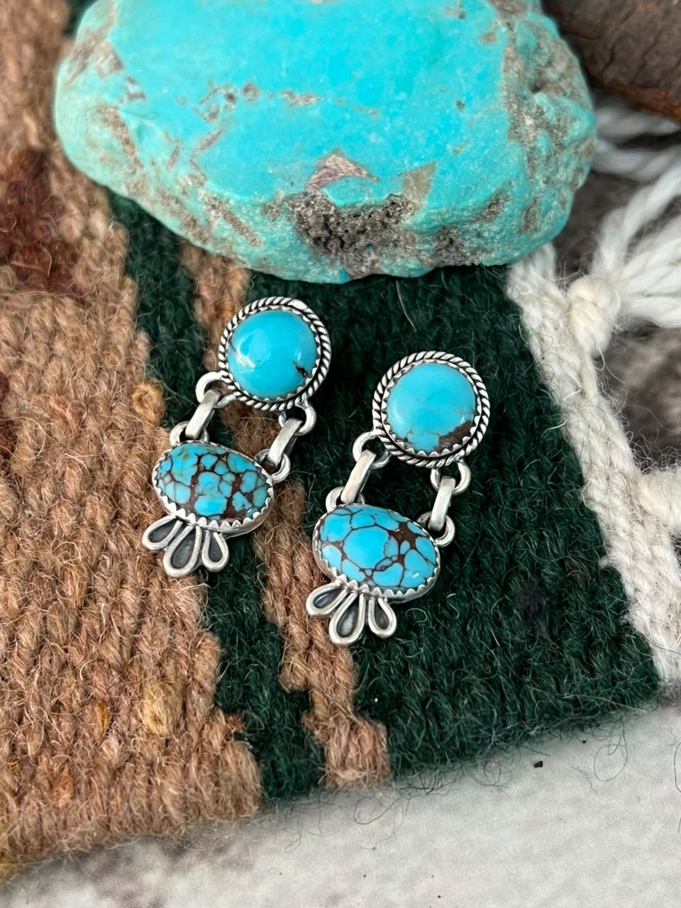 Handmade Sterling Silver Egyptian Turquoise Post Dangle Earrings Signed Nizhoni