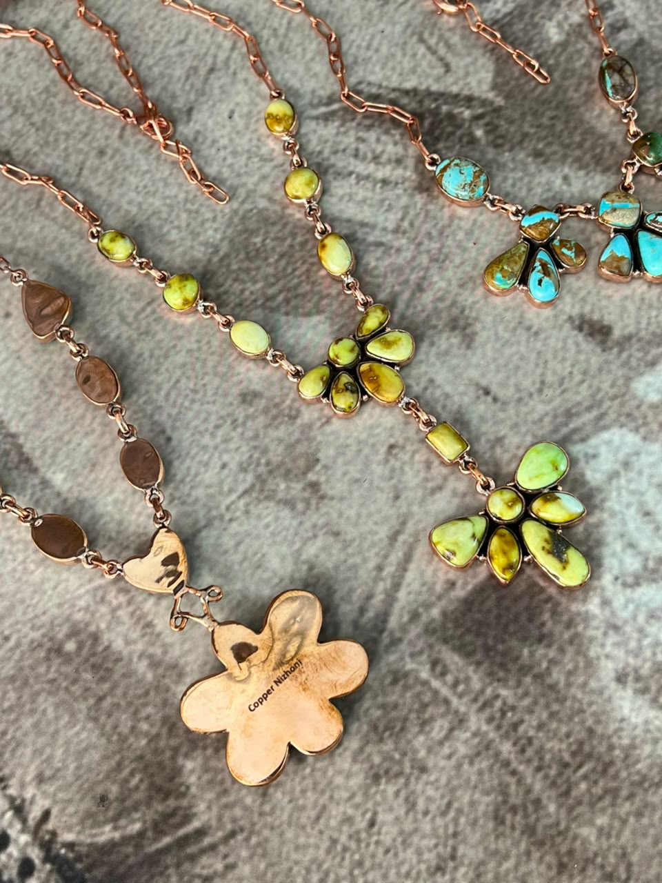 Handmade Royston, Palomino and Sonoran Mountain Turquoise Copper Collection: Necklace Signed Nizhoni