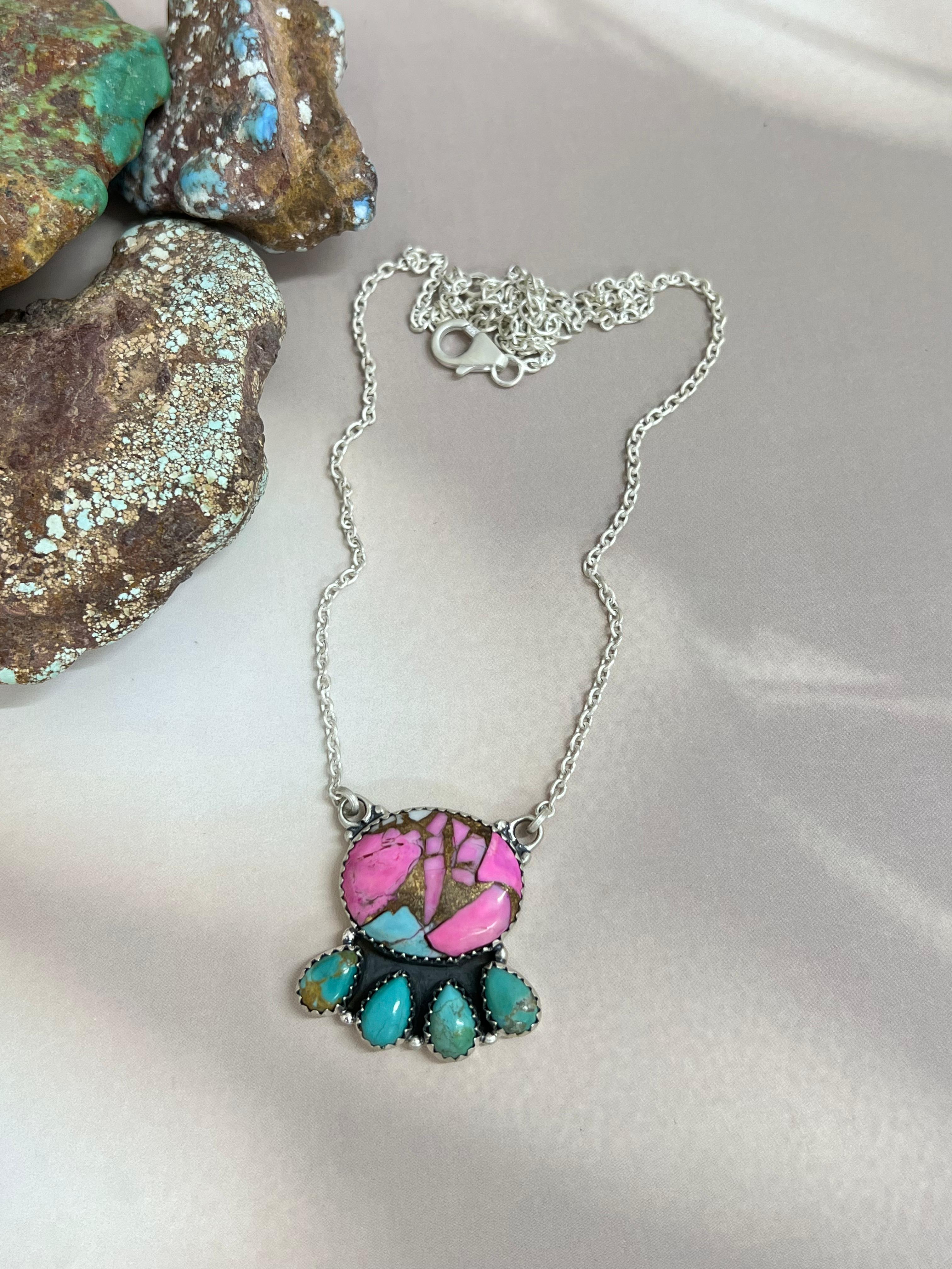 Handmade Sterling Silver Cotton Candy & Kingman Turquoise Necklace Signed Nizhoni
