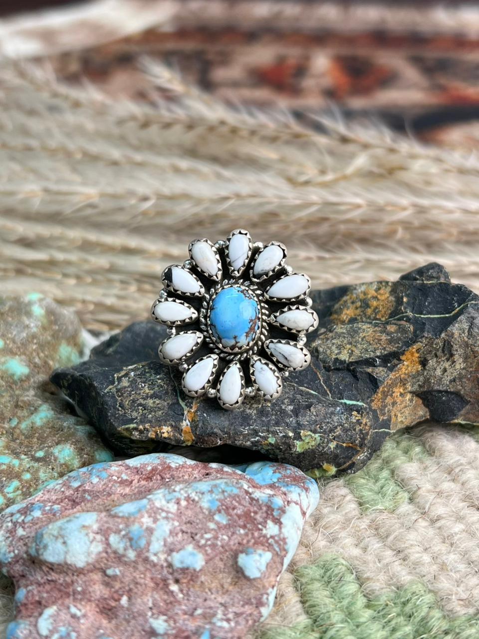 Handmade Sterling Silver White Buffalo with Golden Hills Turquoise Adjustable Ring "Signed Nizhoni"